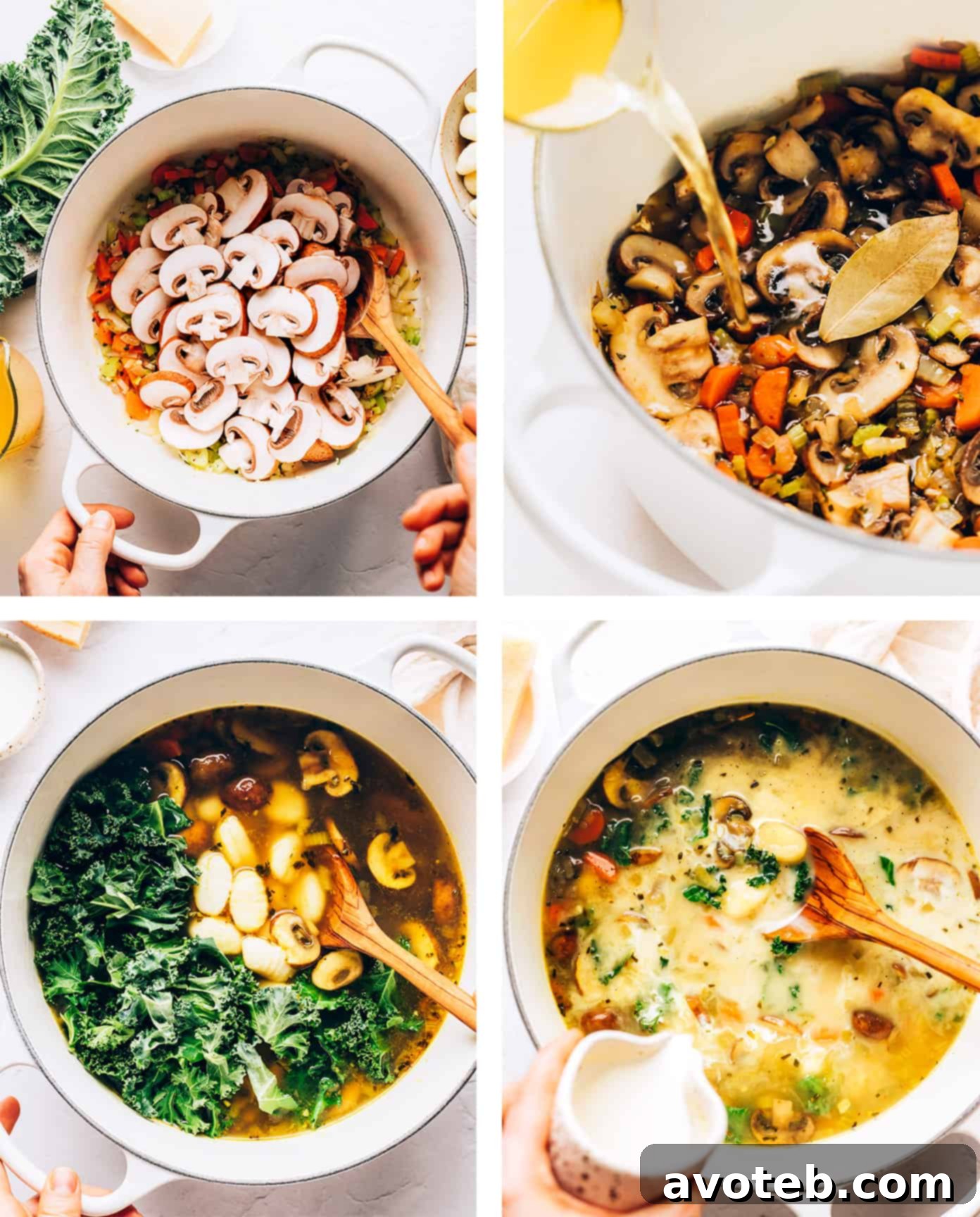 Step-by-step photos illustrating the preparation of gnocchi mushroom soup, from sautéing vegetables to simmering the broth and adding gnocchi and kale.