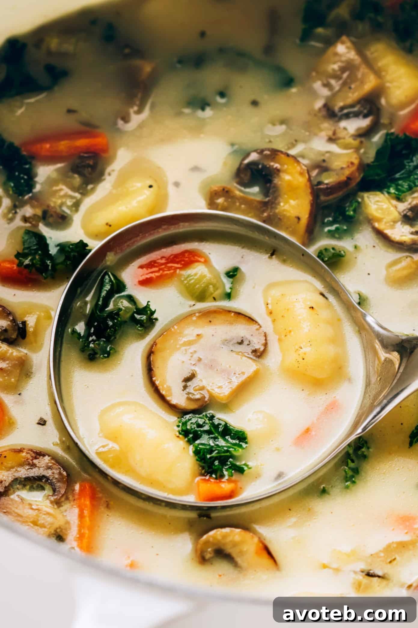A close-up shot of a ladle scooping creamy gnocchi, mushroom, and kale soup from a pot, highlighting the tender gnocchi and vibrant greens.