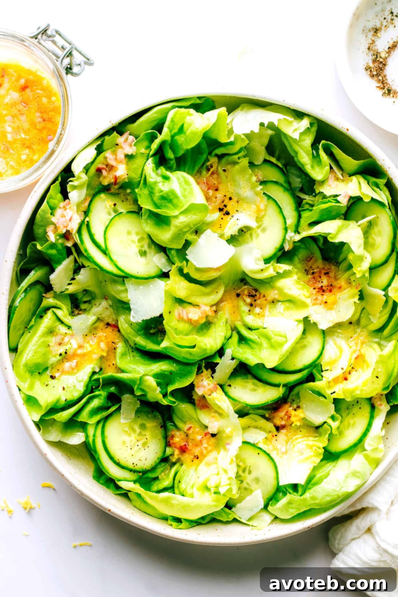 Butter Lettuce Salad with Cucumber, Parmesan, and Shallot Vinaigrette