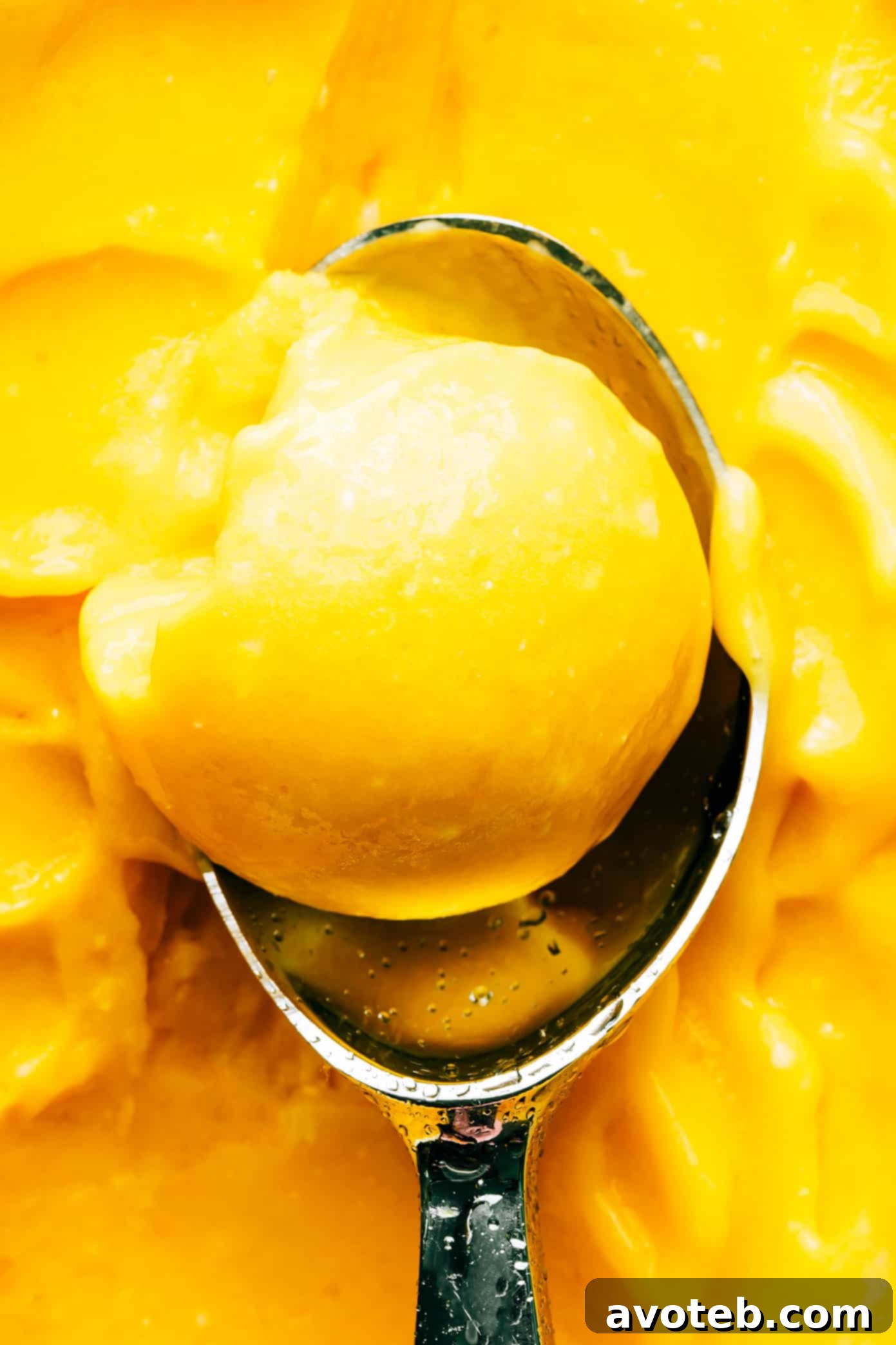 Closeup of a scoop of Mango Lime Sorbet, showing its smooth texture.