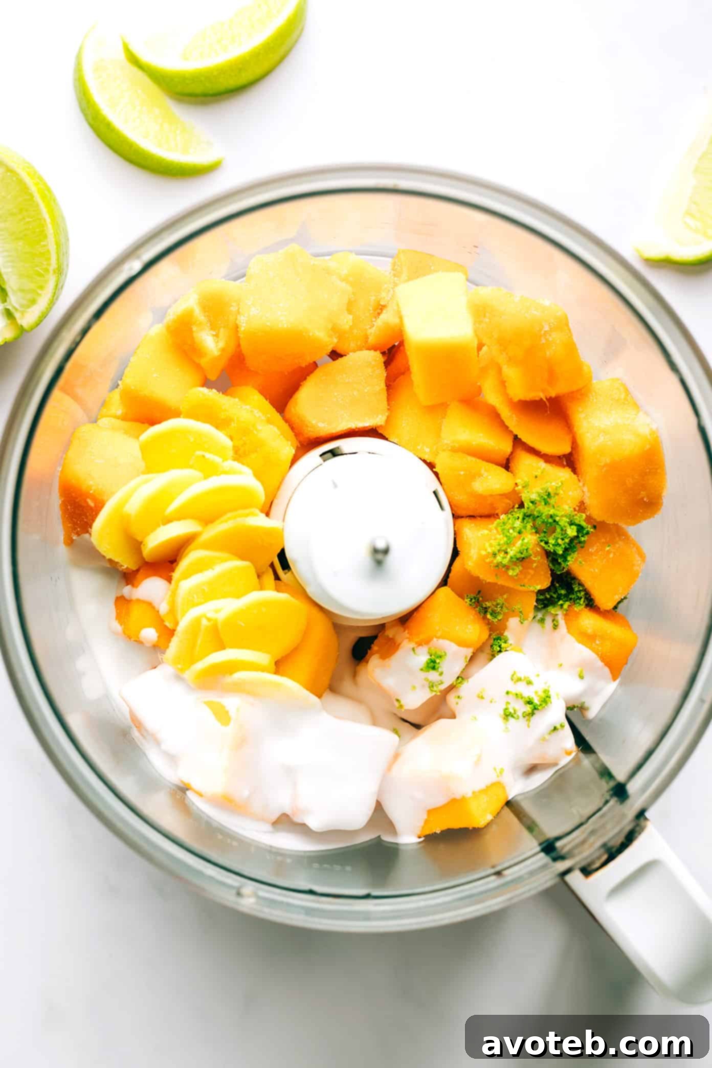 Mango Lime Sorbet Ingredients in Food Processor before blending