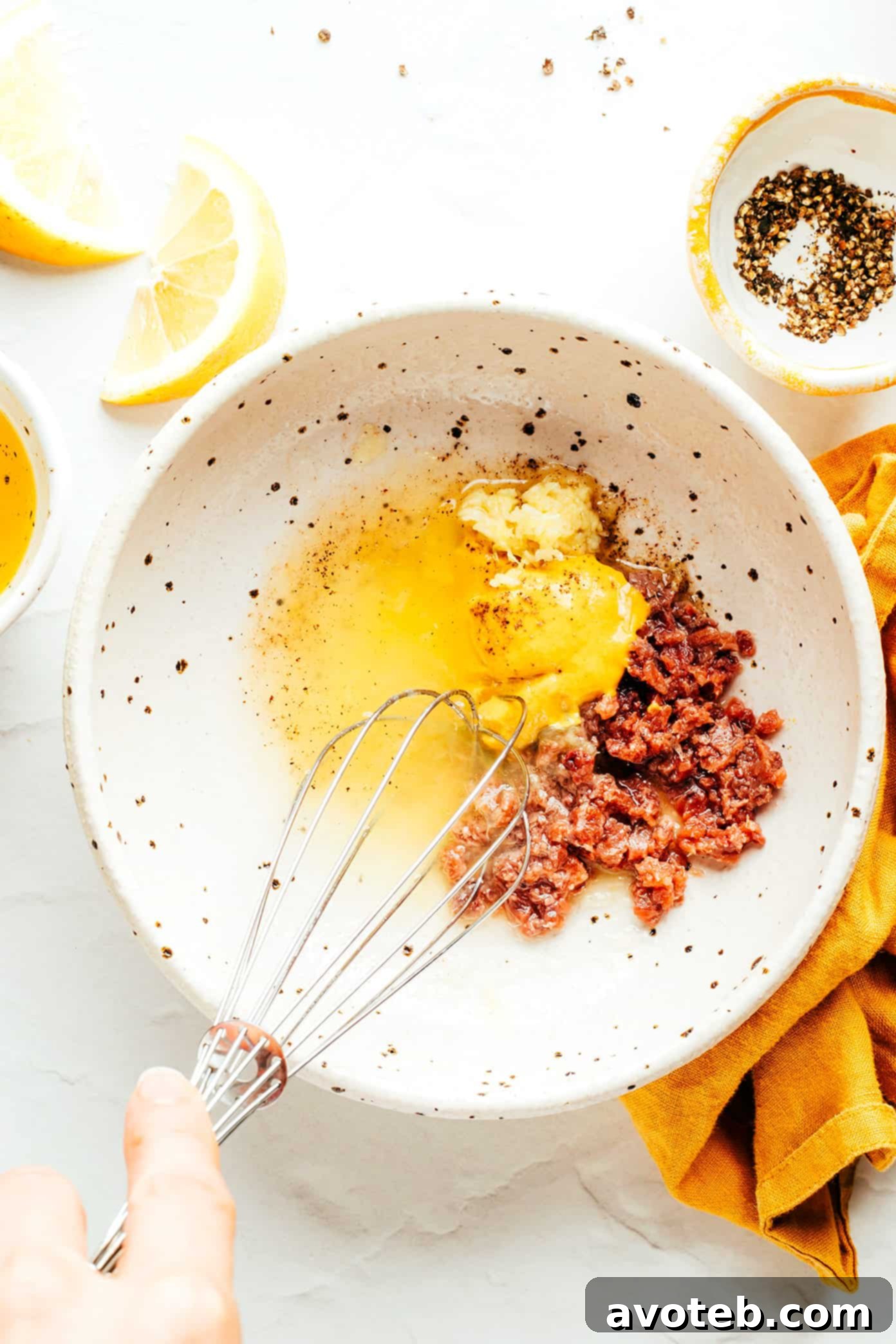 A hand whisking the golden anchovy vinaigrette in a clear mixing bowl, showing the emulsification process.