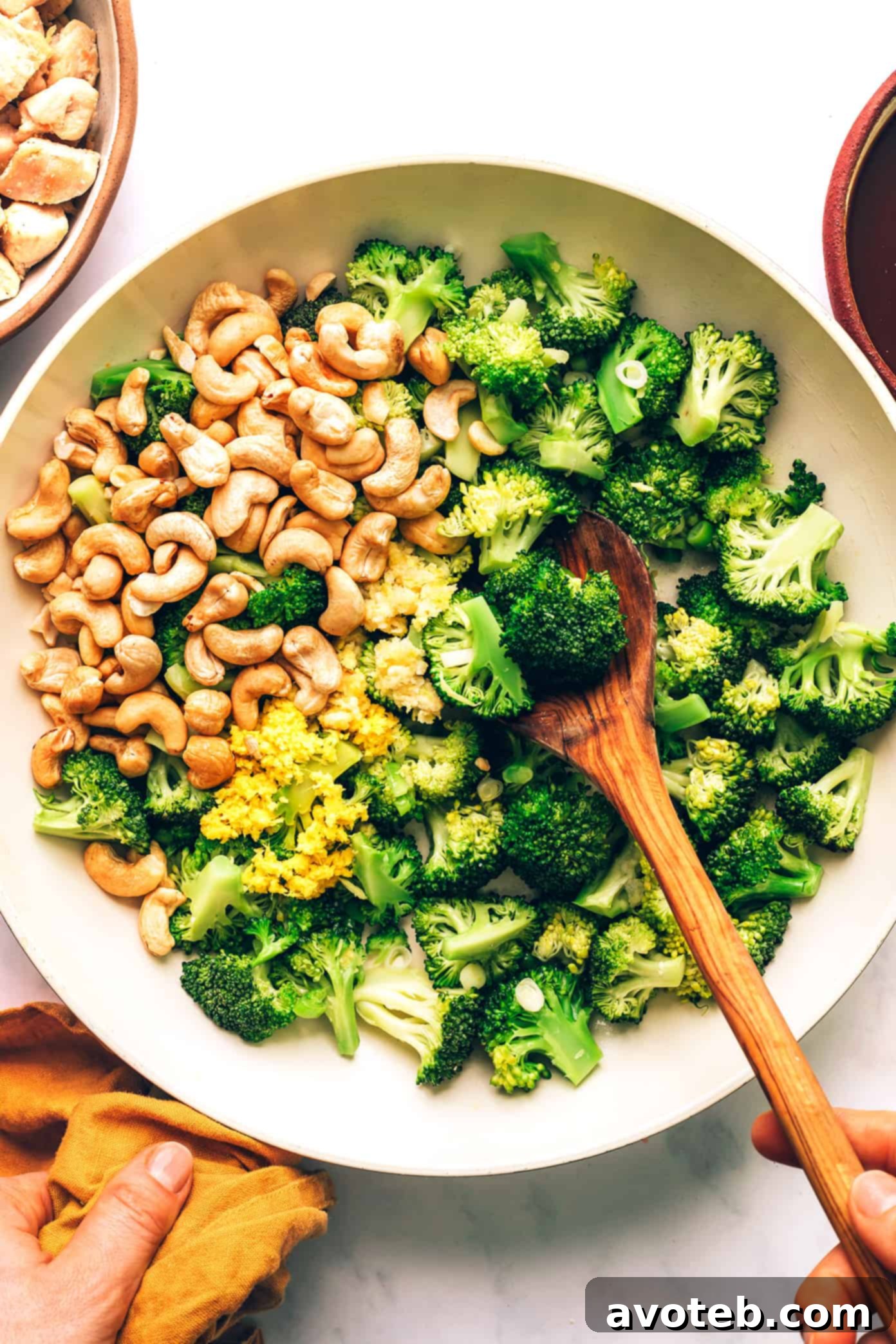 Close-up of Cashew Chicken and Broccoli Stir-Fry ready to eat