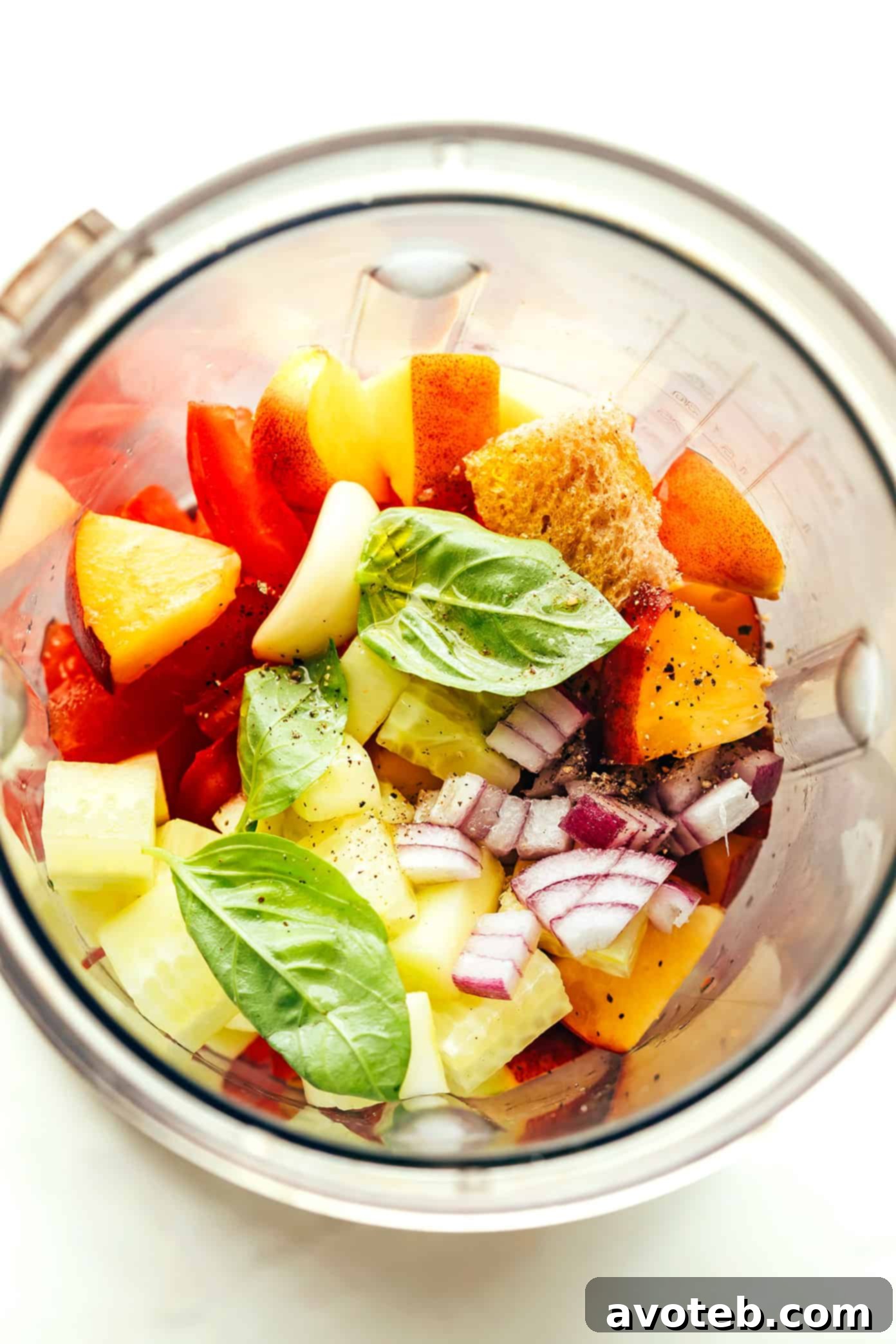 Blending Ingredients for Smooth Peach Gazpacho