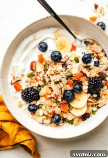 Homemade Muesli served with Greek yogurt, berries, and bananas