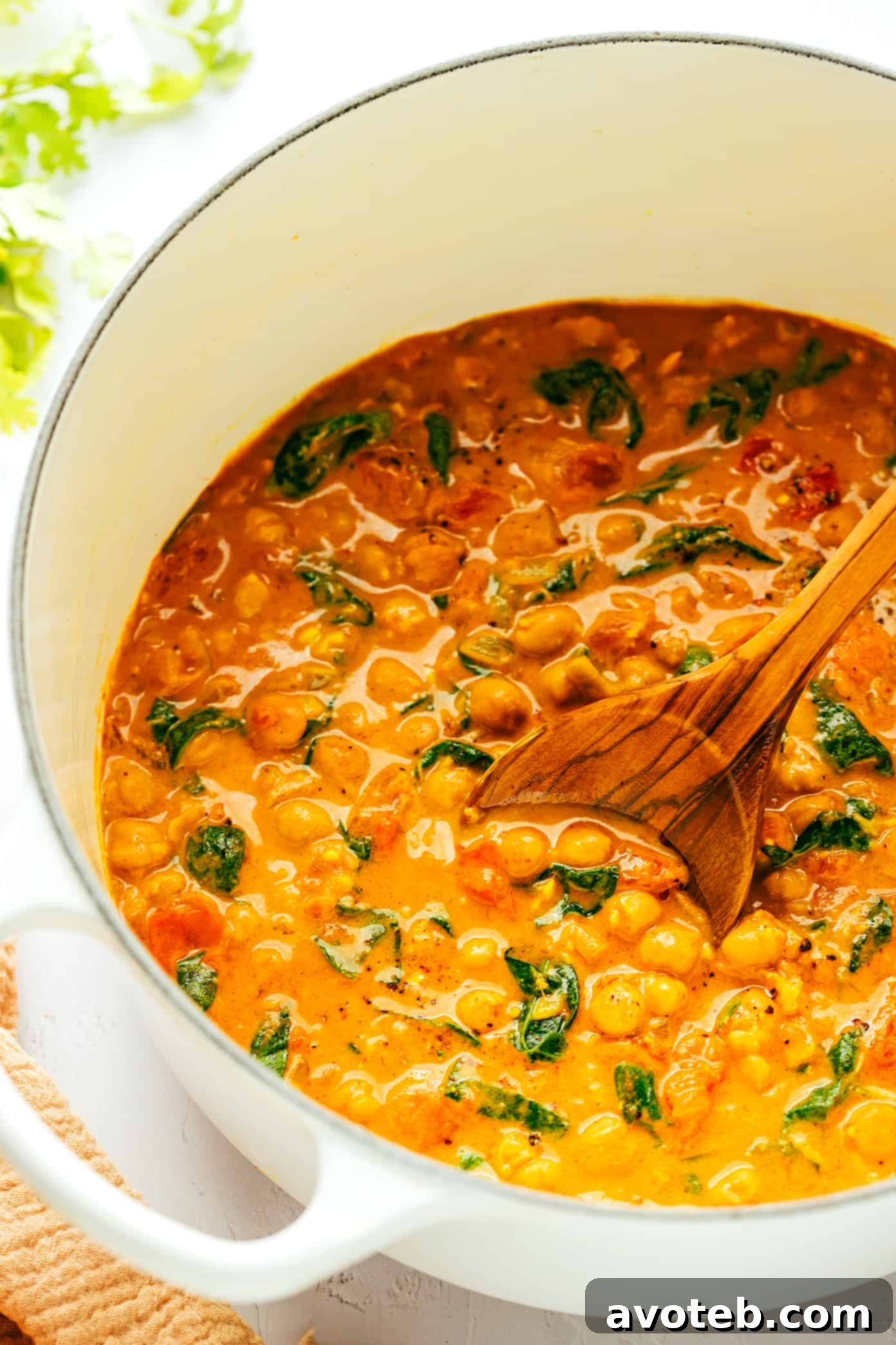 Easy Chickpea Curry in Pot with Wooden Spoon