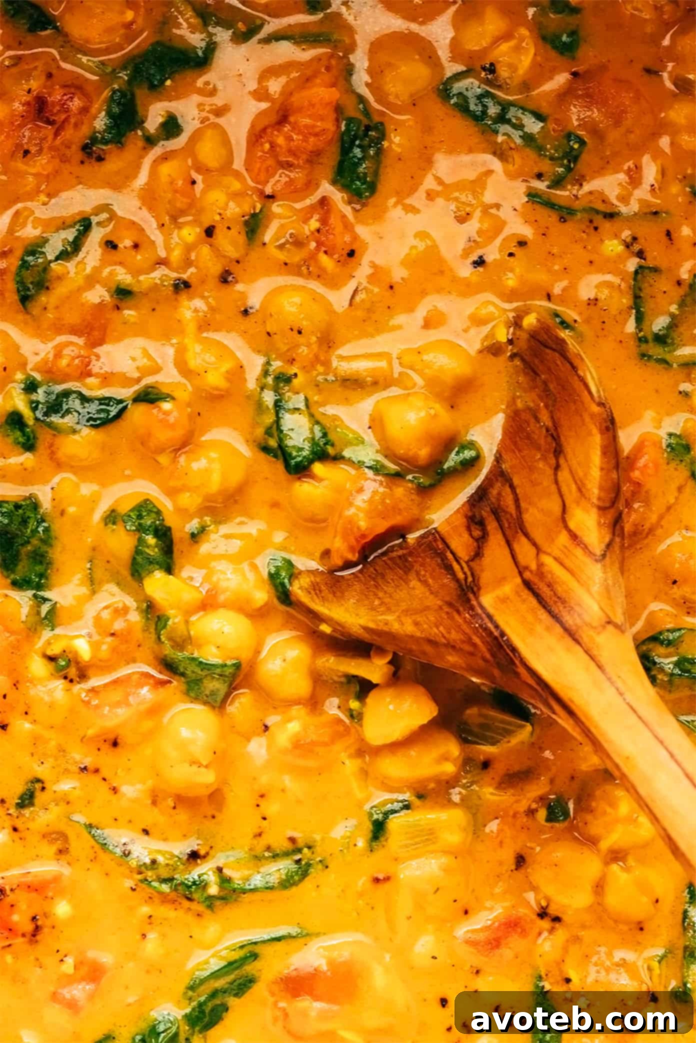 Chickpea Curry Closeup with Wooden Spoon