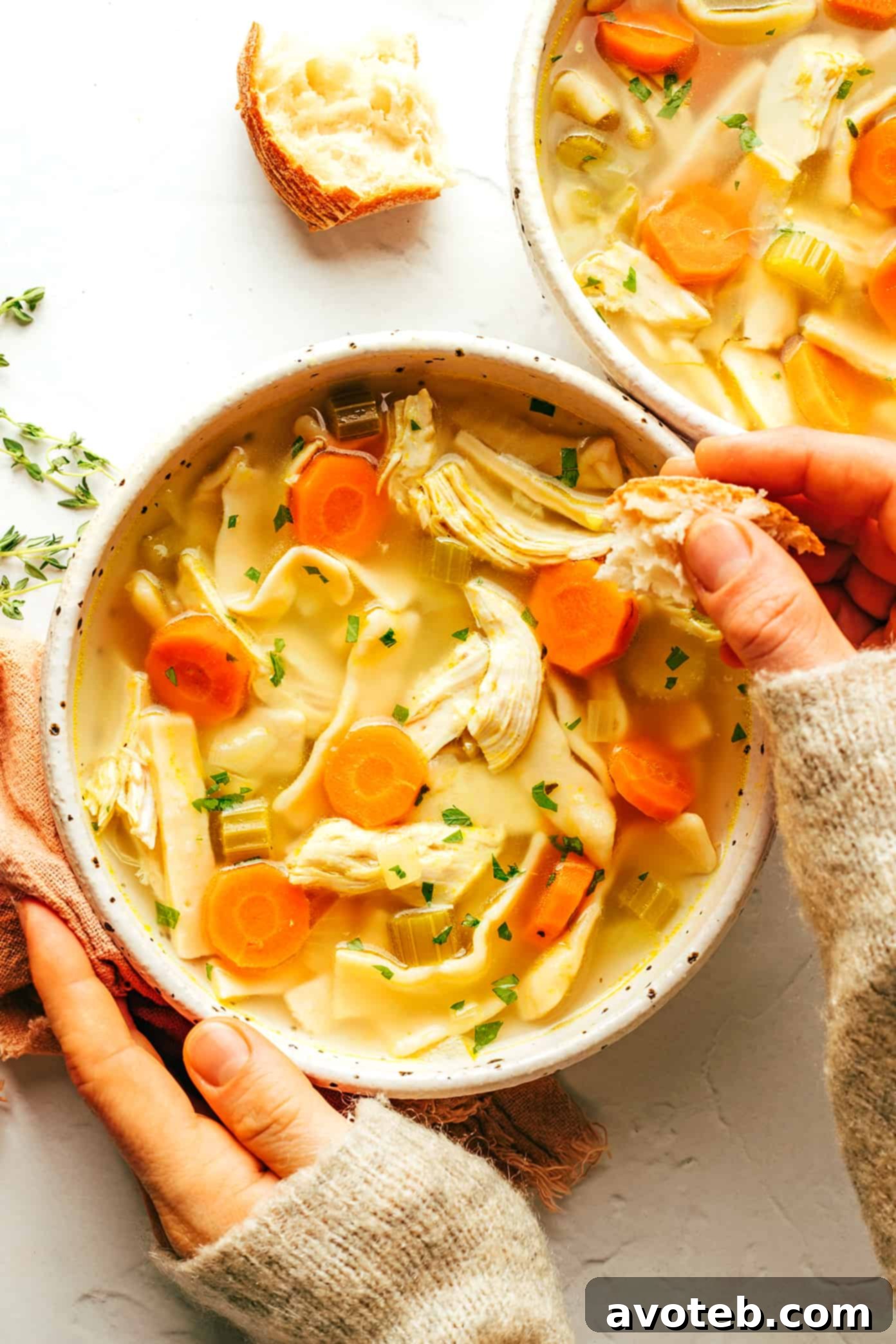 The ultimate comforting chicken noodle soup with homestyle egg noodles, thick-cut veggies, and a rich garlic-herb broth.