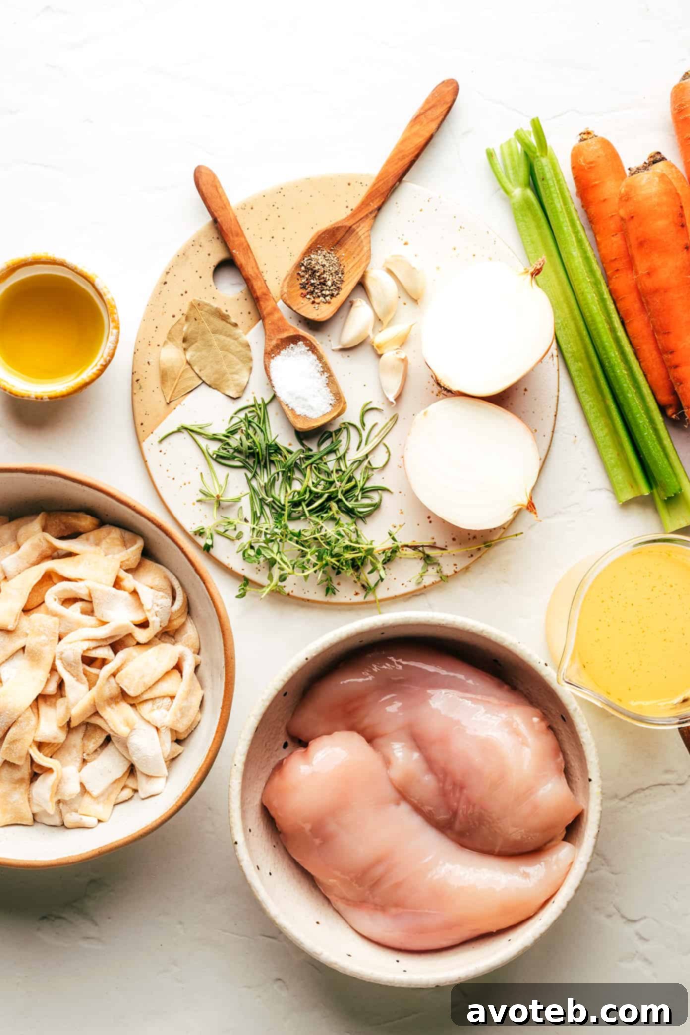 A vibrant selection of fresh ingredients laid out for homemade chicken noodle soup, including chicken, carrots, celery, onion, and herbs.