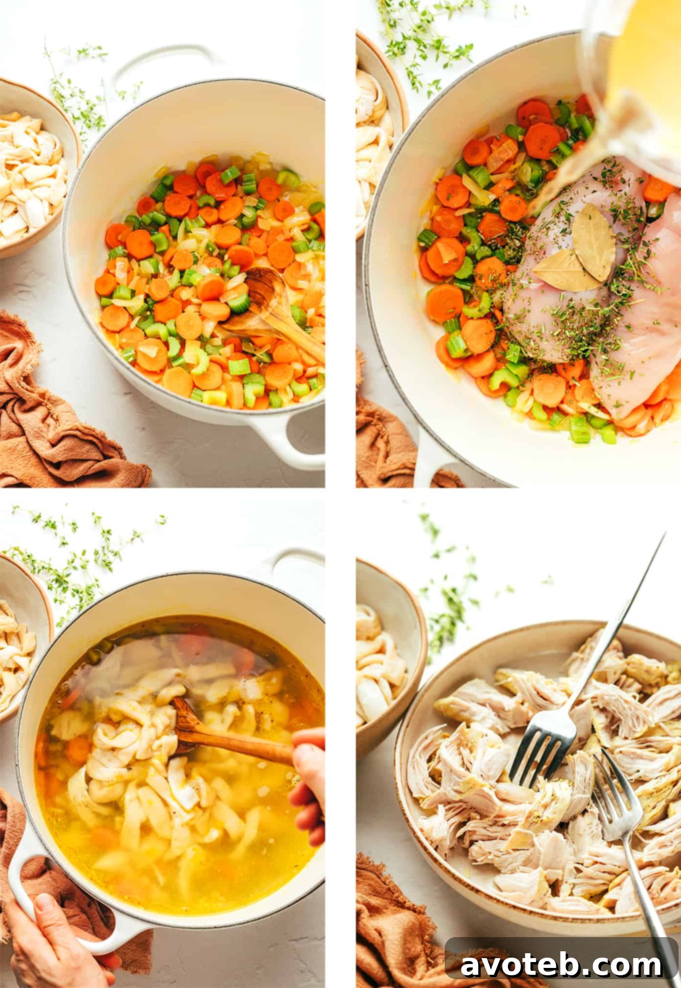 Step-by-step imagery demonstrating the preparation of homemade chicken noodle soup, from sautéing vegetables to adding noodles.