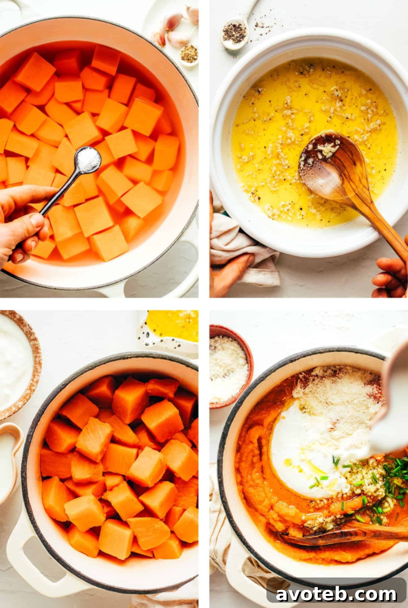 Sequential photos illustrating the process of preparing mashed sweet potatoes, from boiling to mashing and combining ingredients.