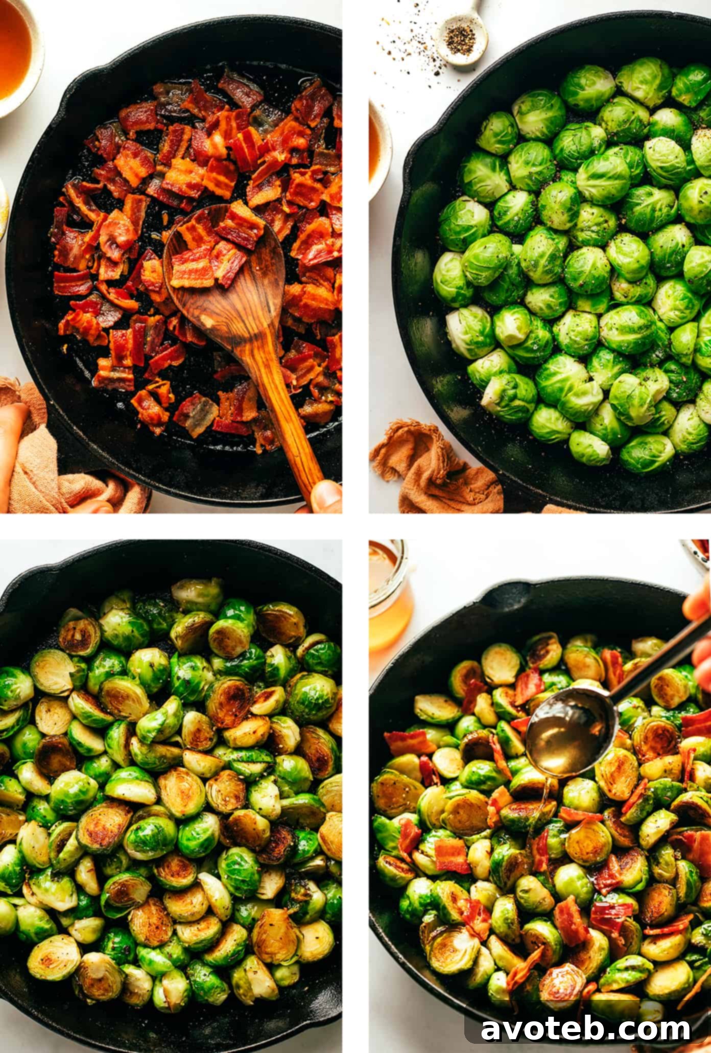 These bacon Brussels sprouts are easy to make and tossed with an irresistible drizzle of hot honey. The perfect side dish for Thanksgiving, dinner parties, or anytime you're just craving some extra-delicious vegetables. Step by step photos showing how to make bacon Brussels sprouts