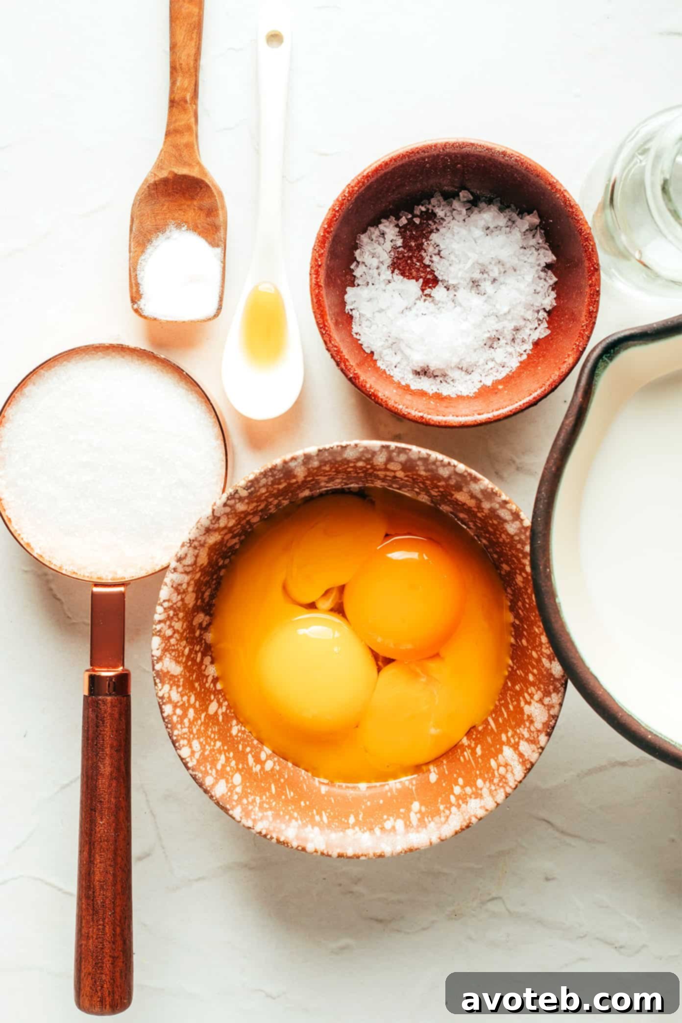 A visual guide to the simple ingredients needed for this easy salted caramel crème brûlée recipe. Salted Caramel Crème Brûlée Ingredients on a kitchen counter