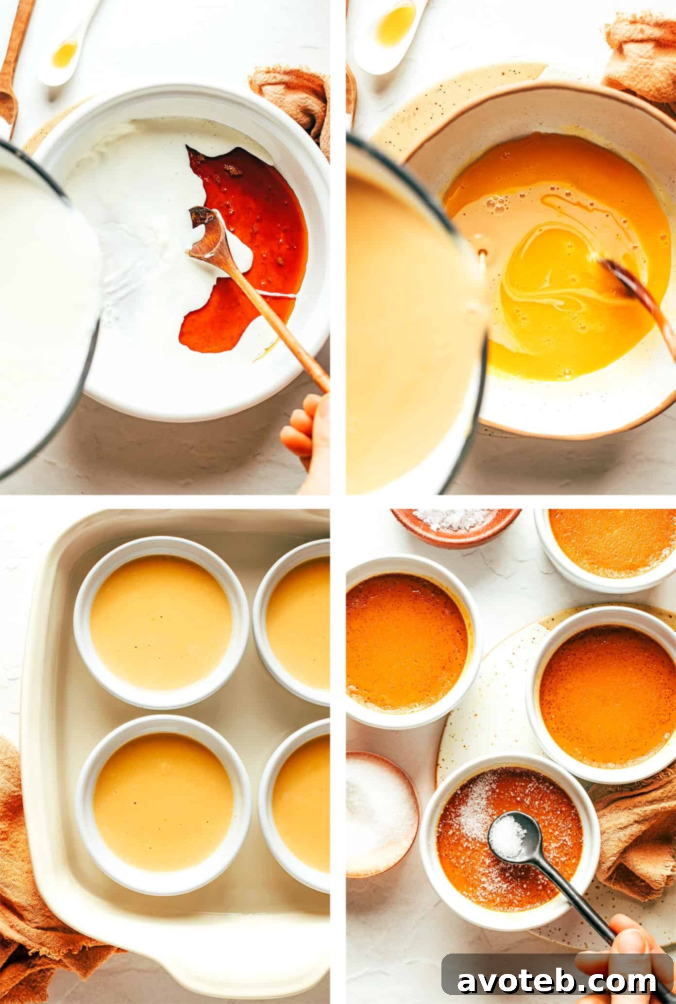 Follow these easy steps to create delicious salted caramel crème brûlée at home. Step-by-step photos illustrating how to make crème brûlée, showing custard in ramekins
