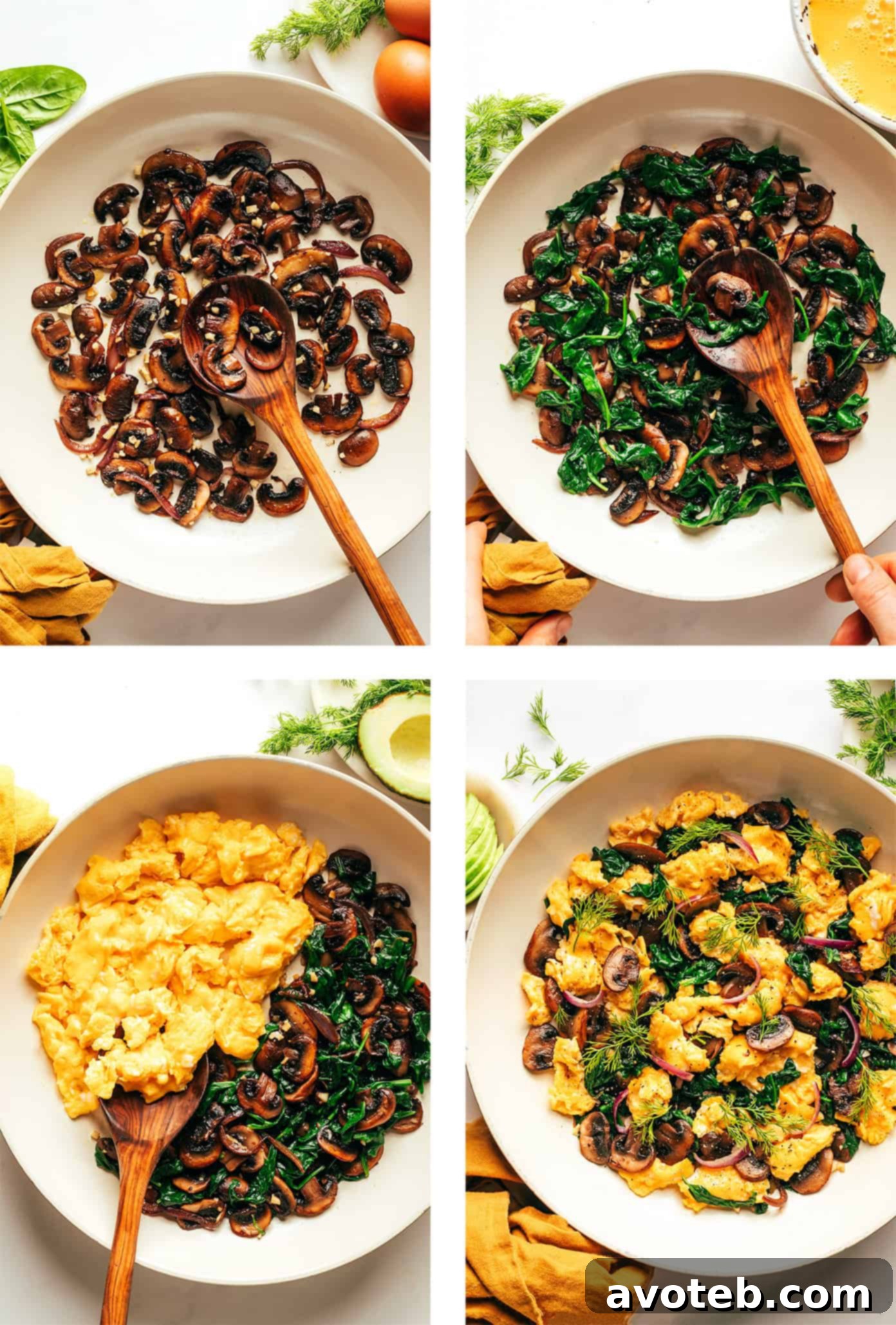 Garden Greens Mushroom Scramble 4 A stunning overhead shot of the spinach mushroom egg scramble, beautifully garnished and ready to be enjoyed.