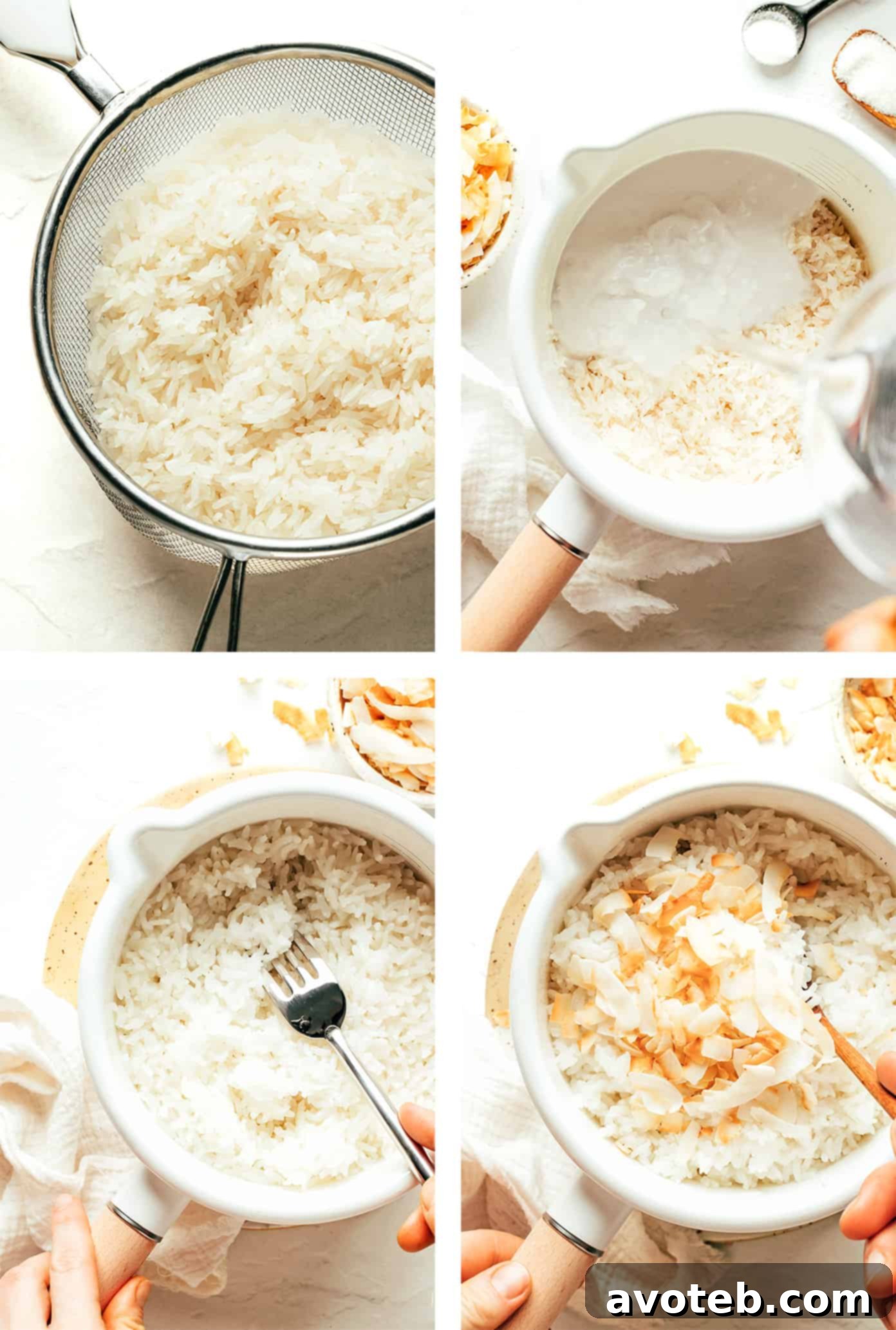Step-by-step photos illustrating the process of cooking coconut rice: rinsing, cooking in a pot, and fluffing.