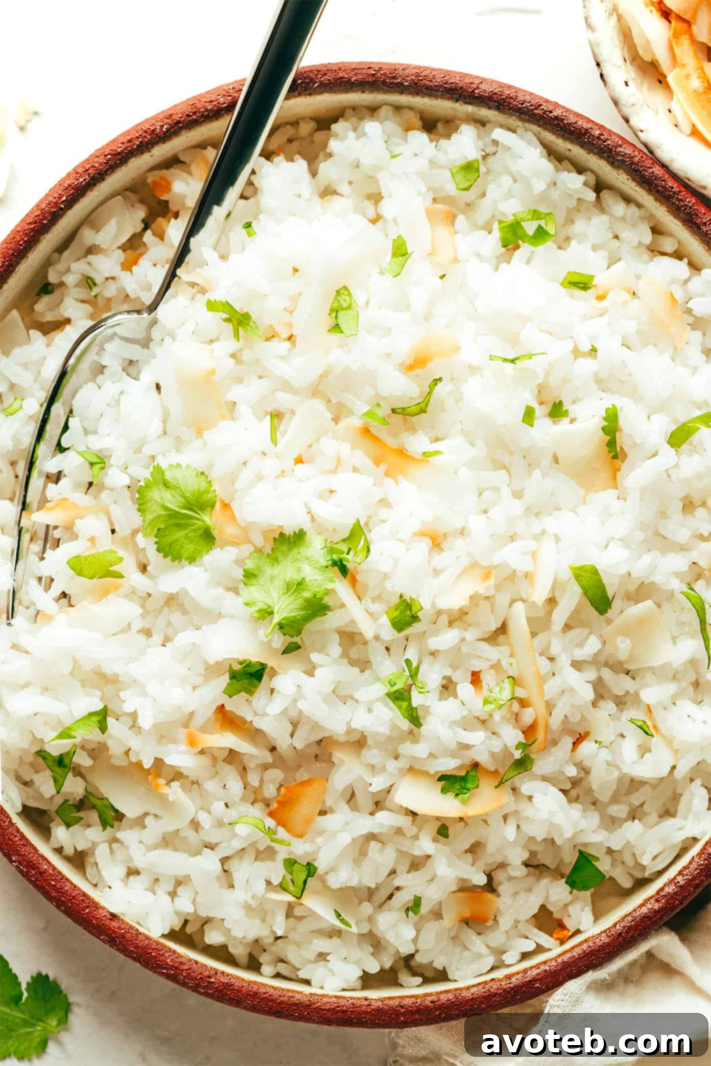 A bowl of fluffy coconut rice garnished with fresh cilantro, ready to be enjoyed.