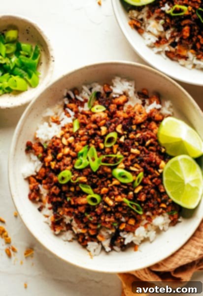 Ginger Lime Pork with Coconut Rice in a serving bowl