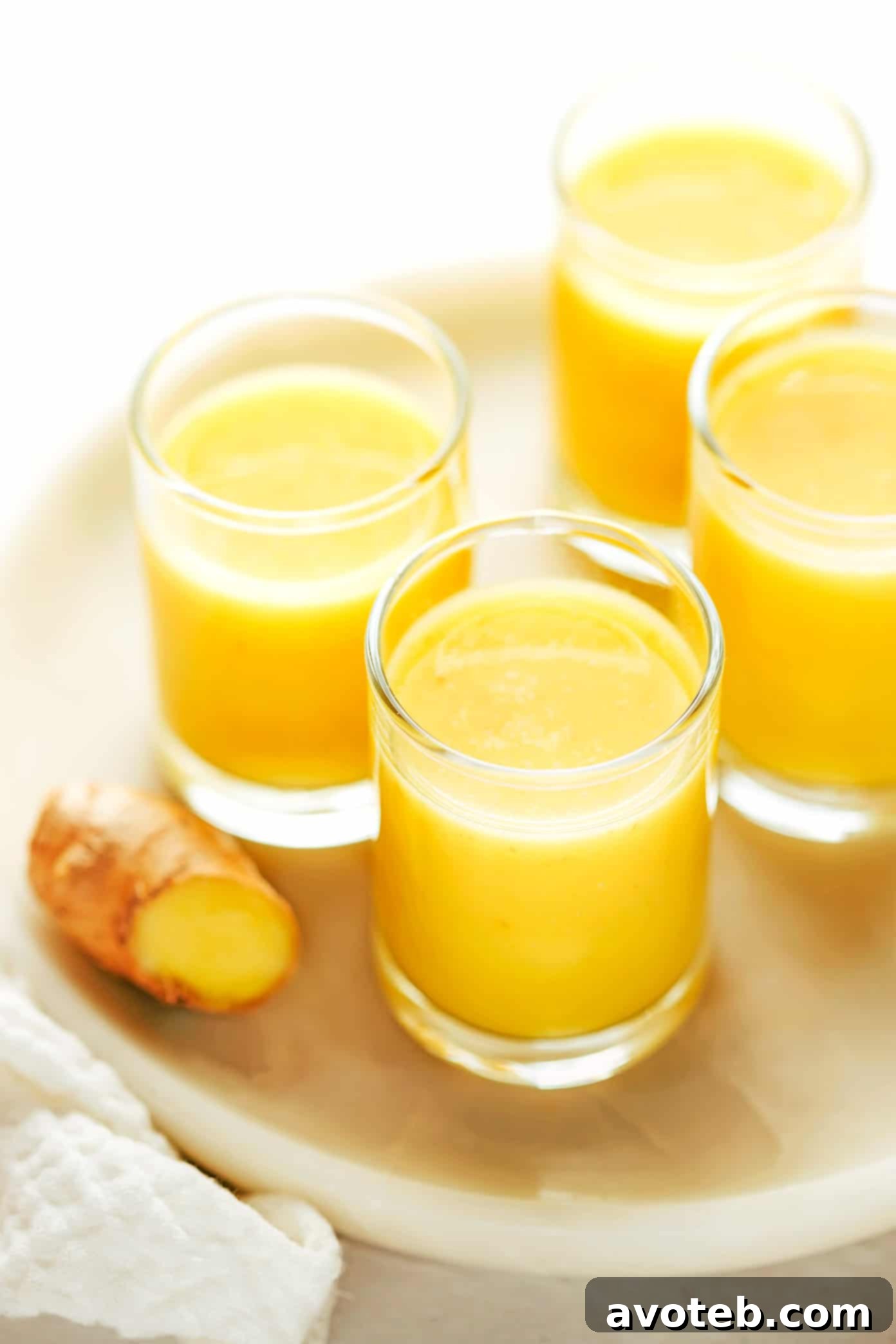 Vibrant ginger shots in glasses, showcasing the fresh ingredients