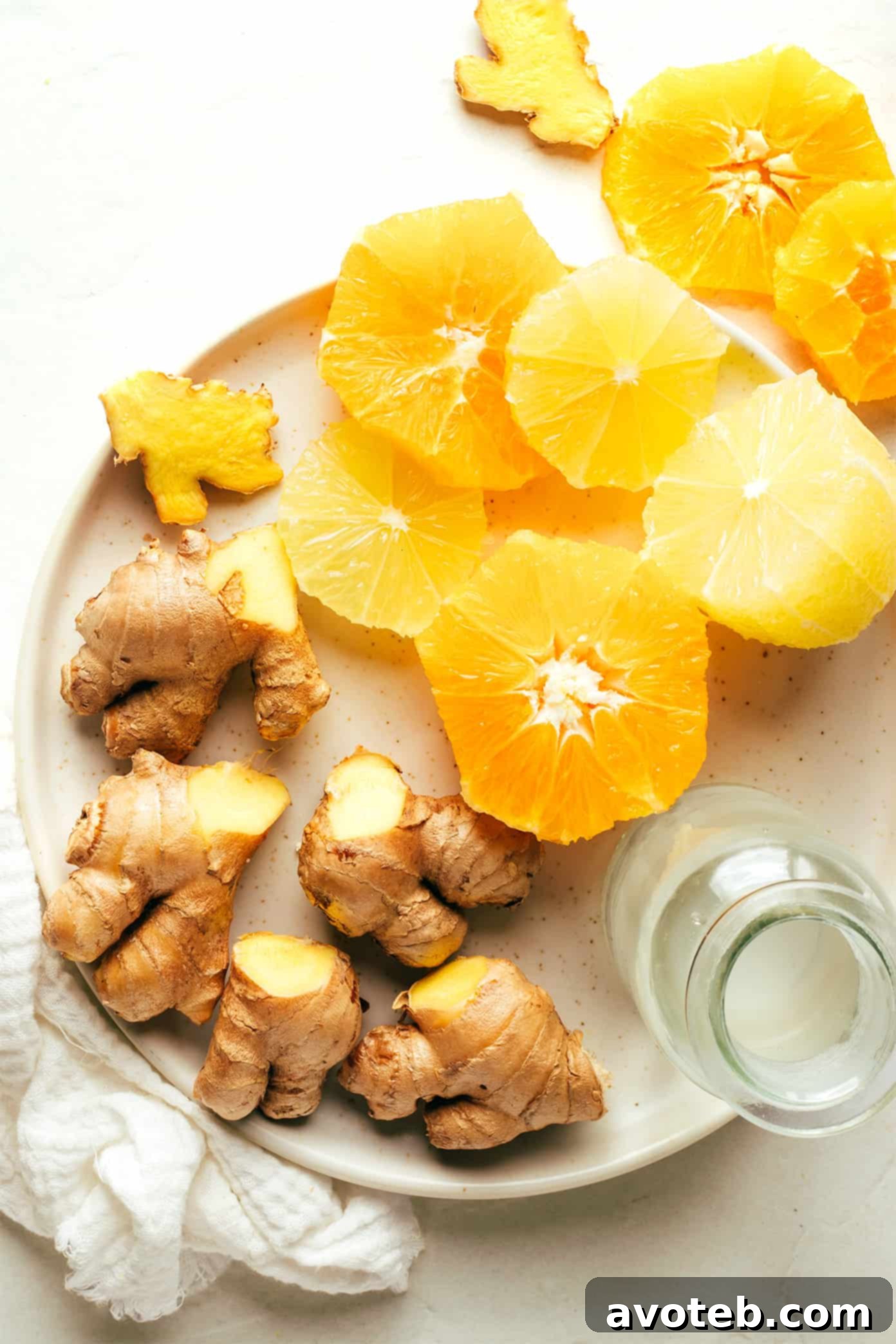 Fresh ginger root, lemons, oranges, and coconut water laid out as ingredients for ginger shots