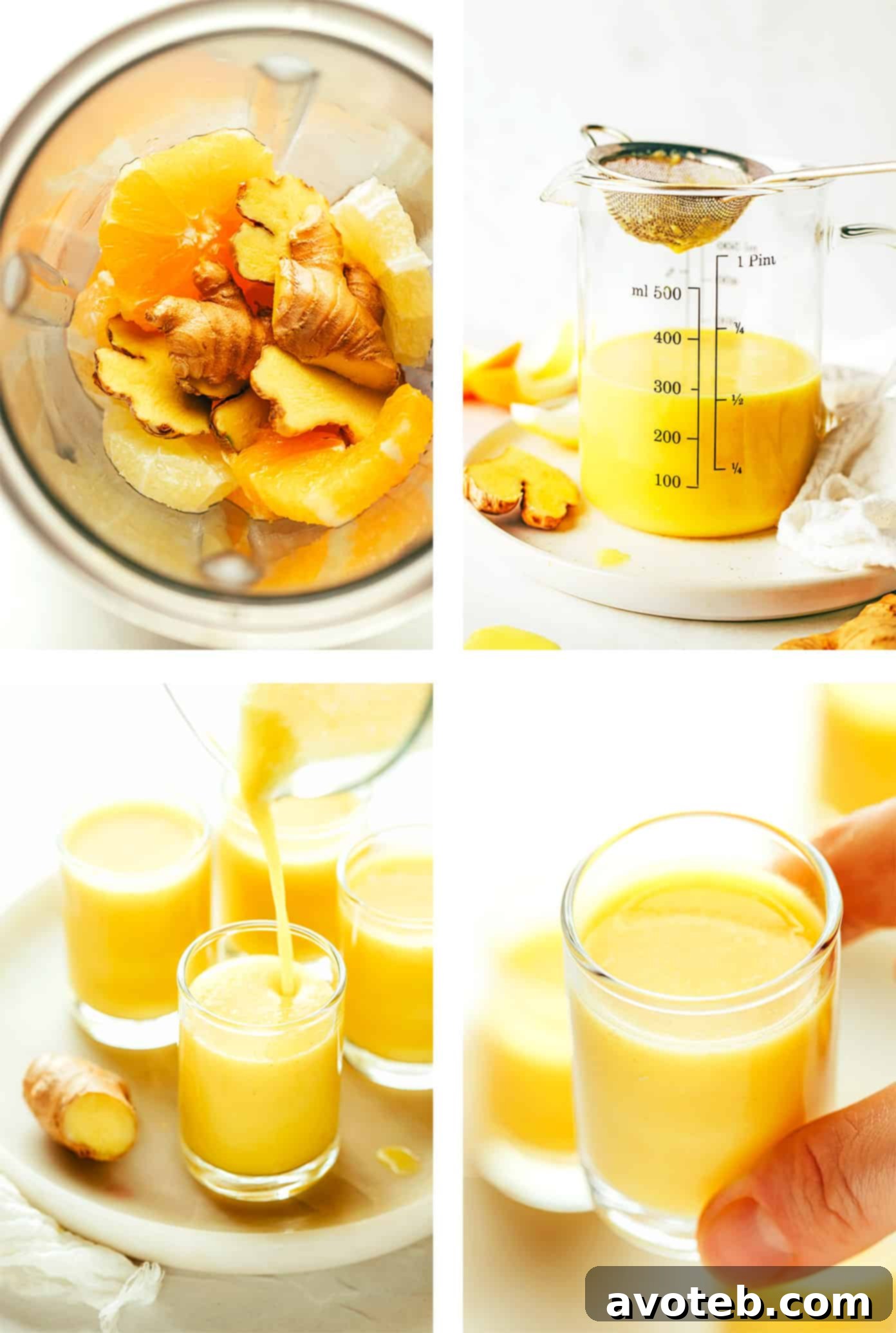 Step-by-step photos showing ginger, citrus, and coconut water being blended and strained into a glass