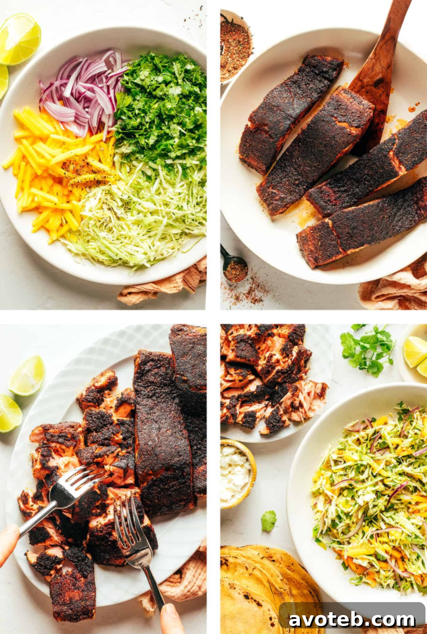 Step-by-step photos illustrating how to prepare blackened salmon, assemble the mango slaw, and warm tortillas for tacos.