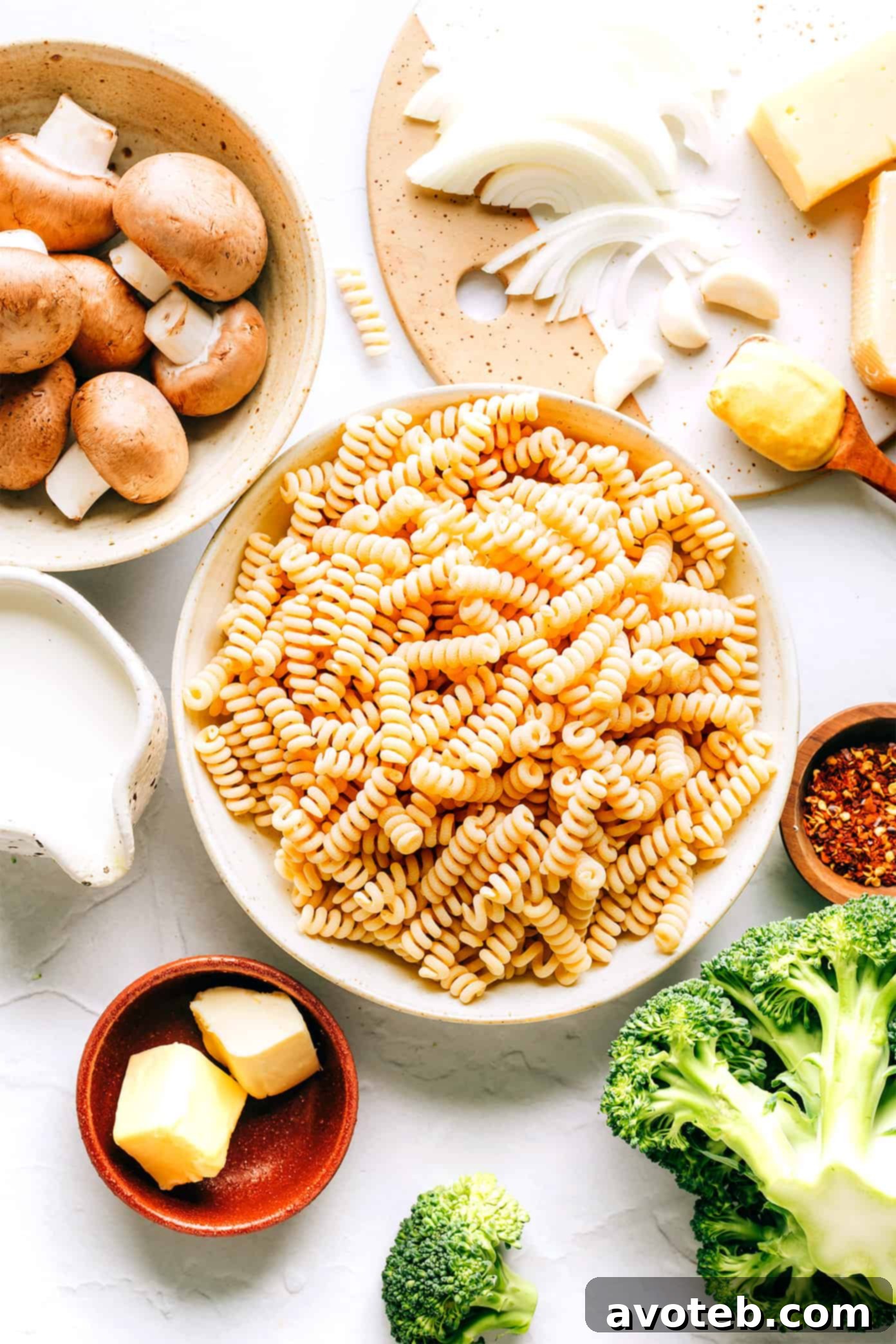 Ingredients laid out for One Pot Broccoli Mac and Cheese