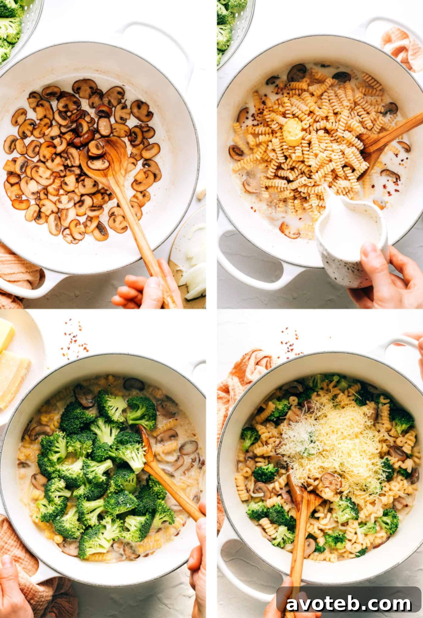 Step-by-step photos illustrating how to cook One Pot Broccoli Mac and Cheese