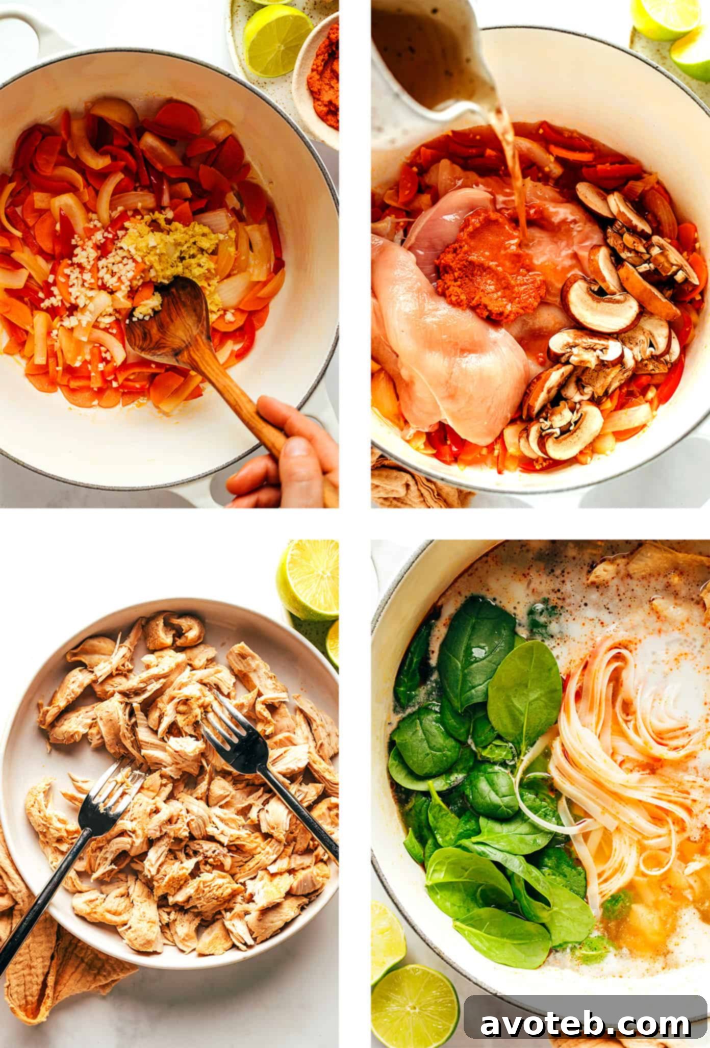 Aromatic Thai Chicken Noodle Bowl 4 Step-by-step photos illustrating the preparation of Thai chicken noodle soup in a large pot.