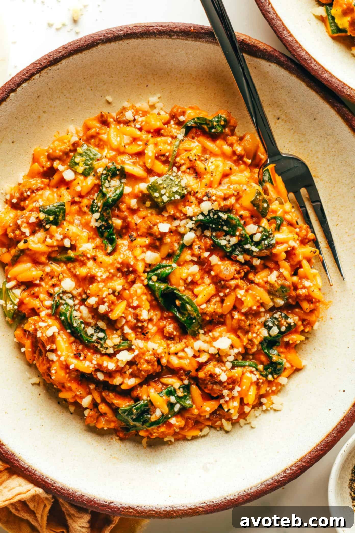 Rustic Italian Sausage Zucchini Orzo 6 Overhead shot of the full pot of Italian Sausage Zucchini Orzo, showcasing the vibrant colors and hearty consistency.