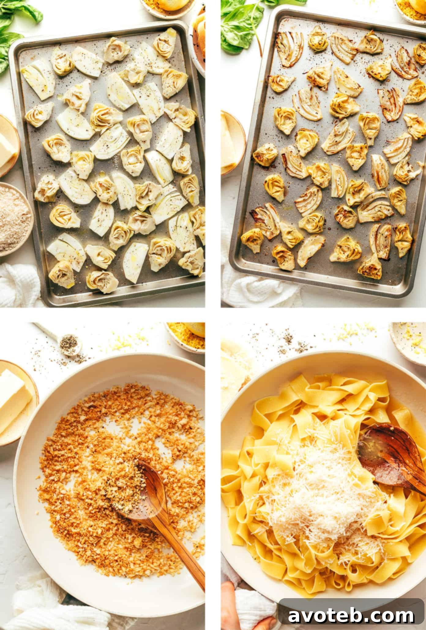 Step by step photos showing how to make lemon brown butter pasta with roasted fennel and artichokes