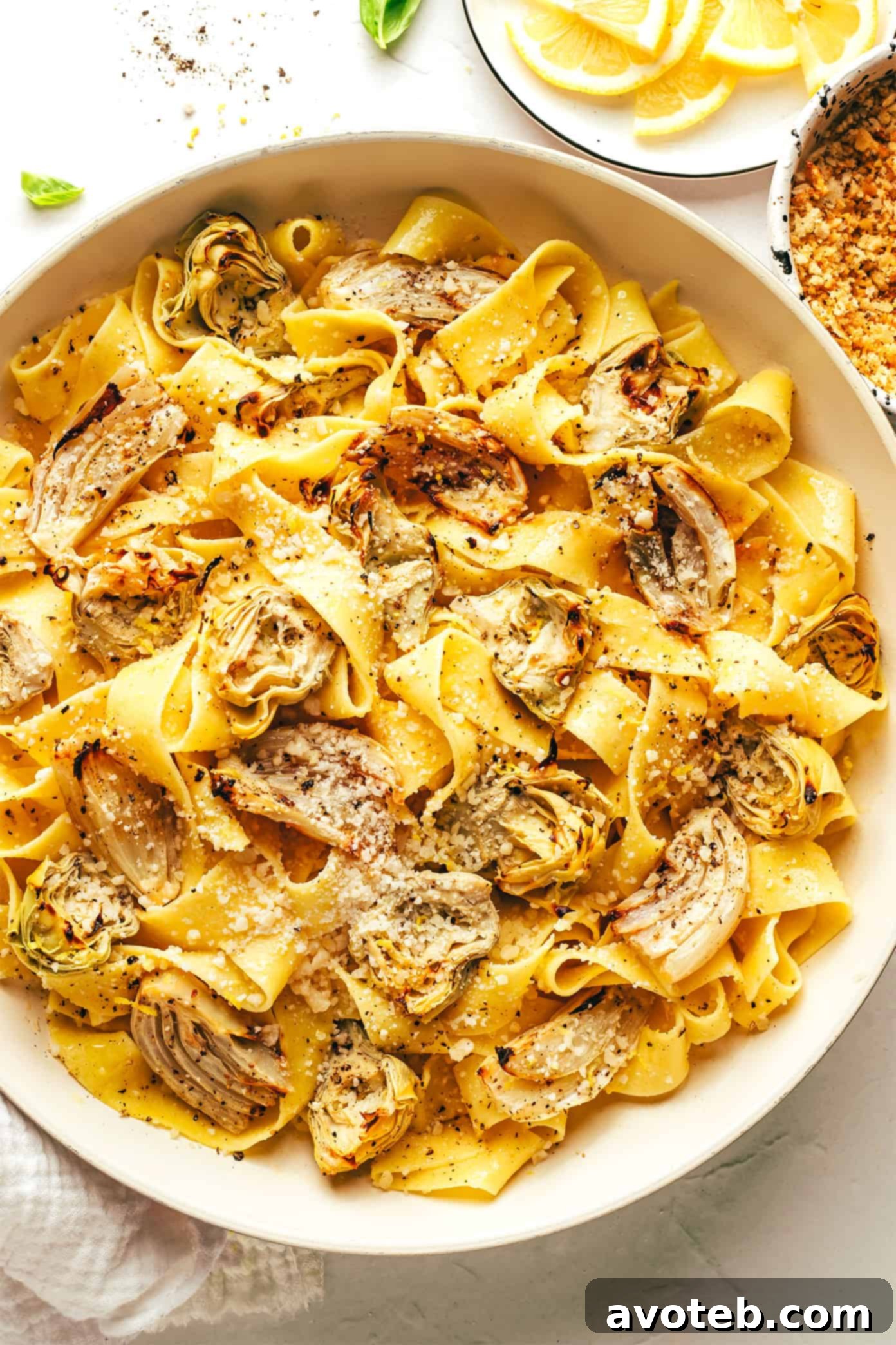 Lemon Brown Butter Pasta in Pan with Roasted Artichokes and Fennel and Garlic Breadcrumbs