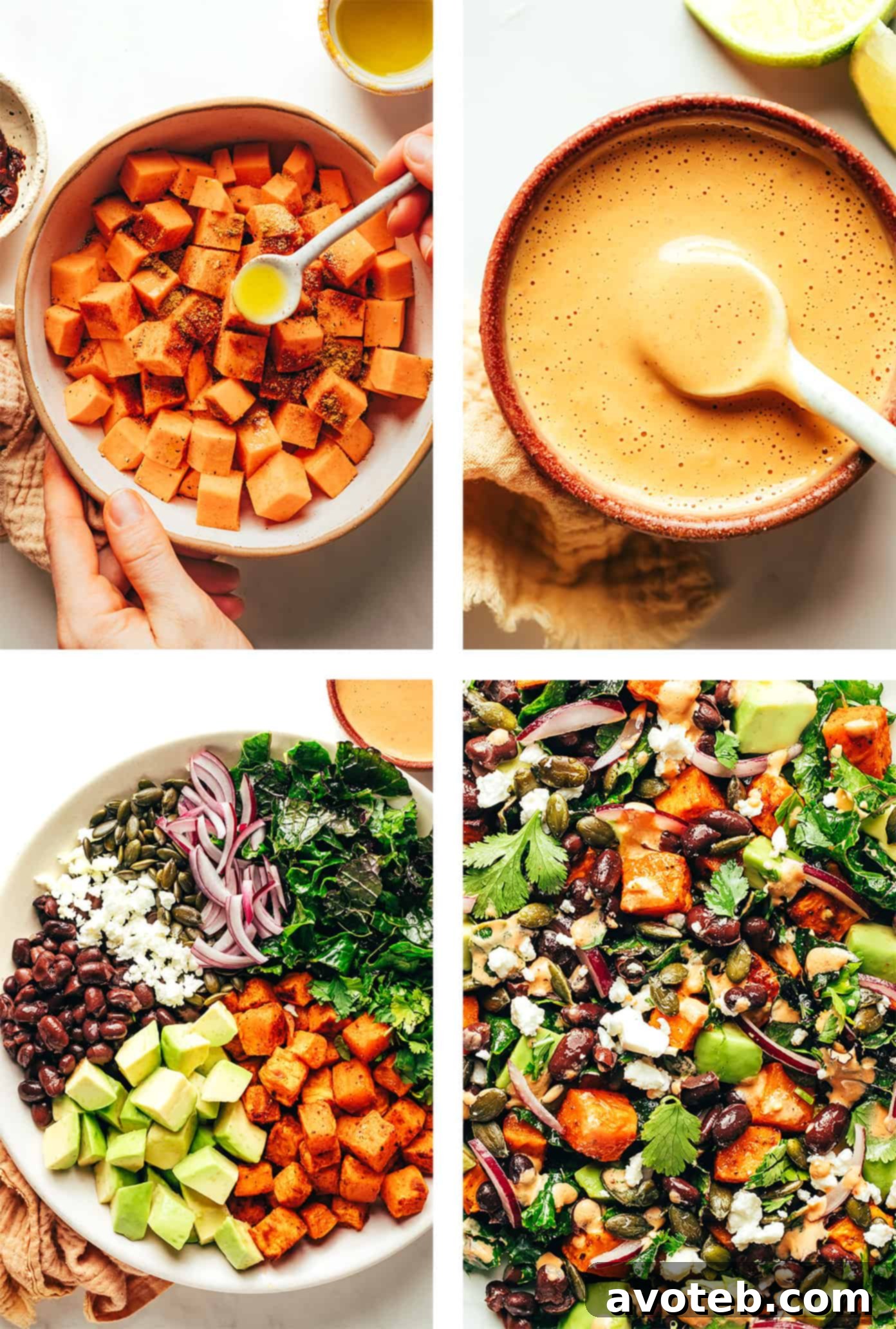 Step-by-step photos illustrating the process of making Sweet Potato Avocado Kale Salad, from roasting sweet potatoes to mixing all the ingredients with the chipotle tahini dressing.