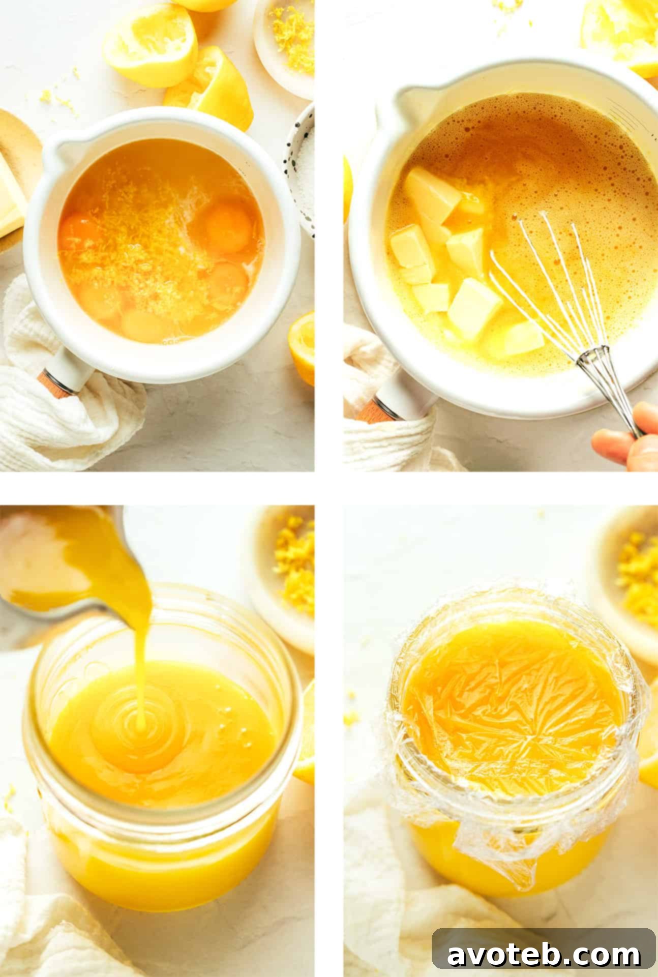Step-by-step photos illustrating how to make velvety homemade lemon curd