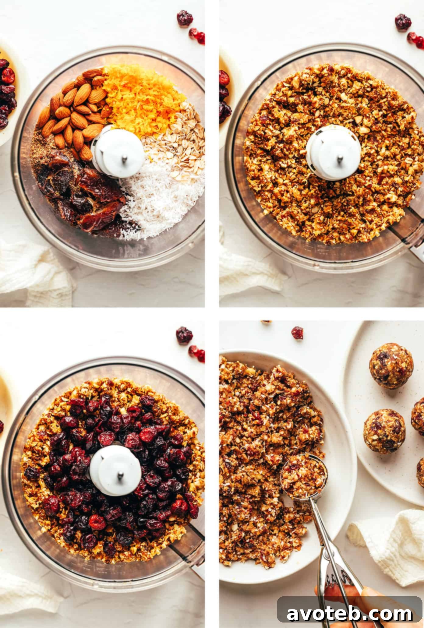 Individual cranberry orange almond energy bites arranged neatly on a wooden board, showcasing their texture.