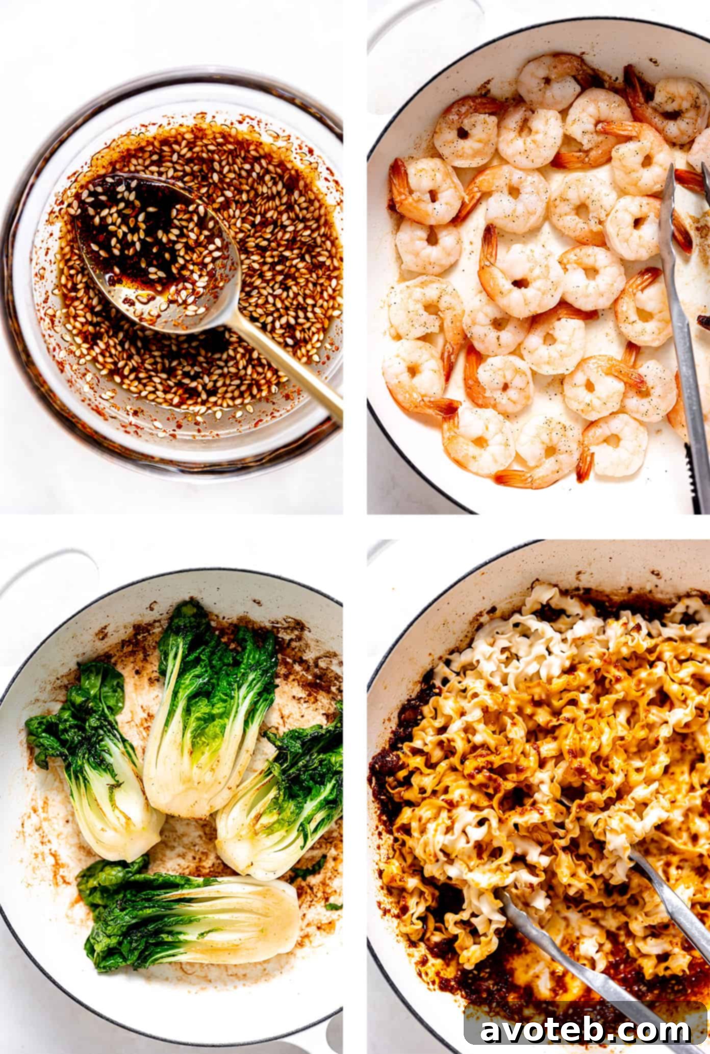 Step by step photos for how to make chili oil noodles showing the cooking process