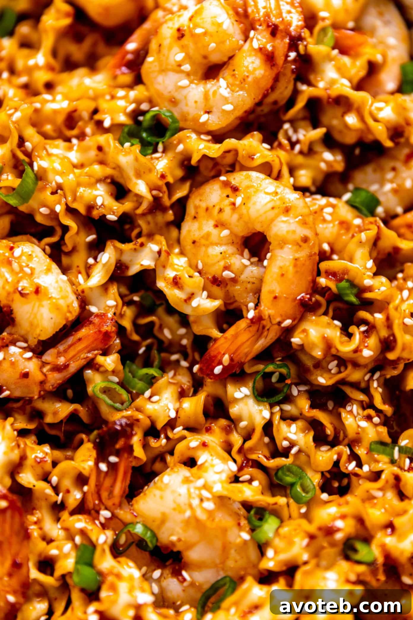 Garlic Chili Oil Noodles with Shrimp Closeup, showing rich sauce and noodles
