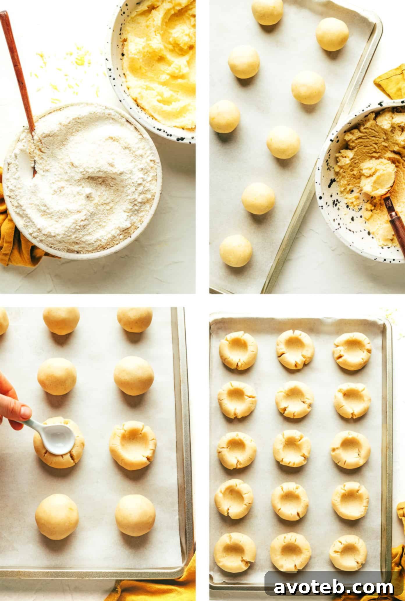 Step-by-step photos illustrating the process of making lemon thumbprint cookies