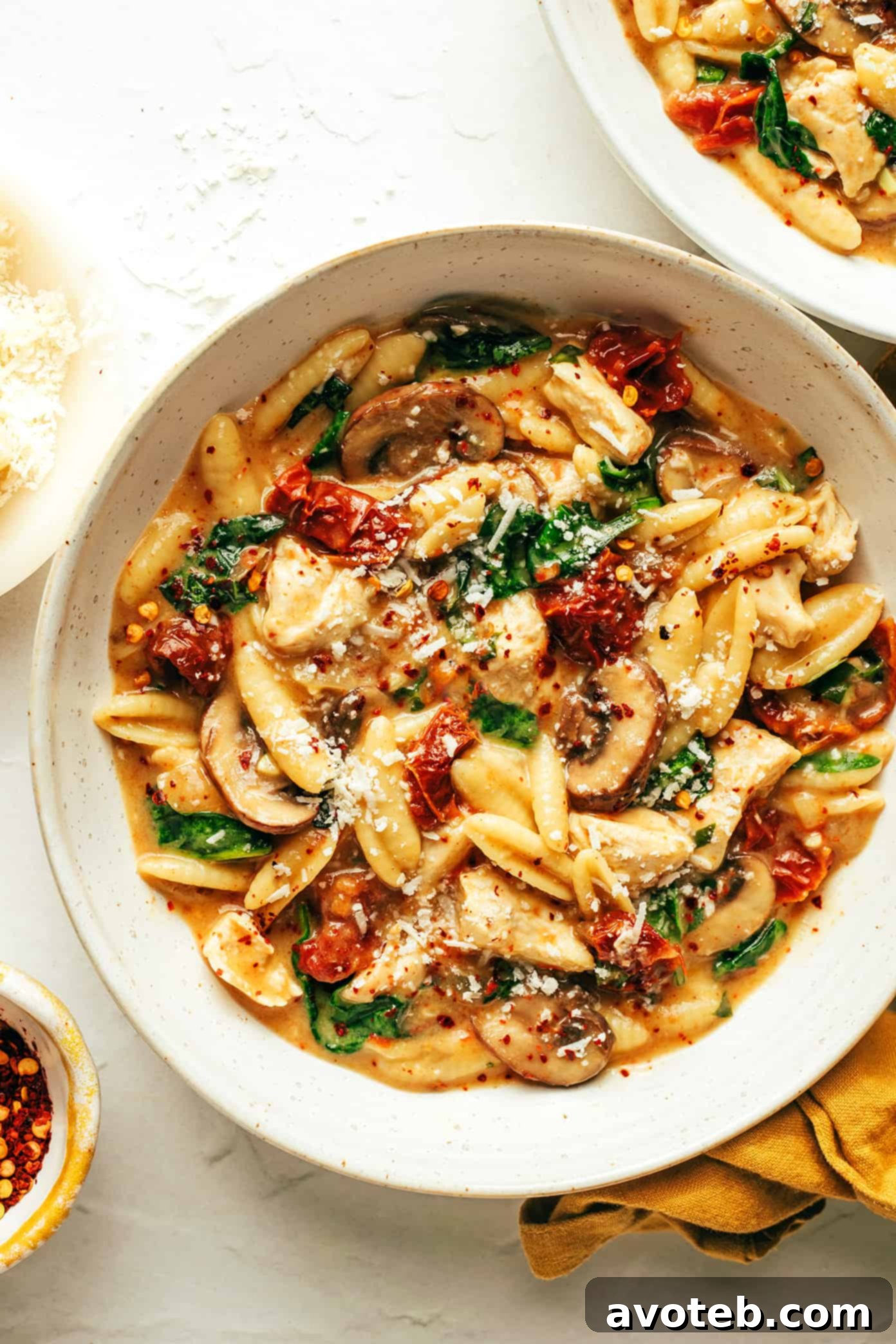 One Pot Creamy Sun-Dried Tomato Pasta in Bowl with Parmesan