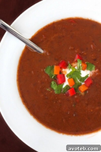 Close-up of a rustic bowl of Spicy Black Bean Soup, showcasing its rich texture and colorful garnishes.