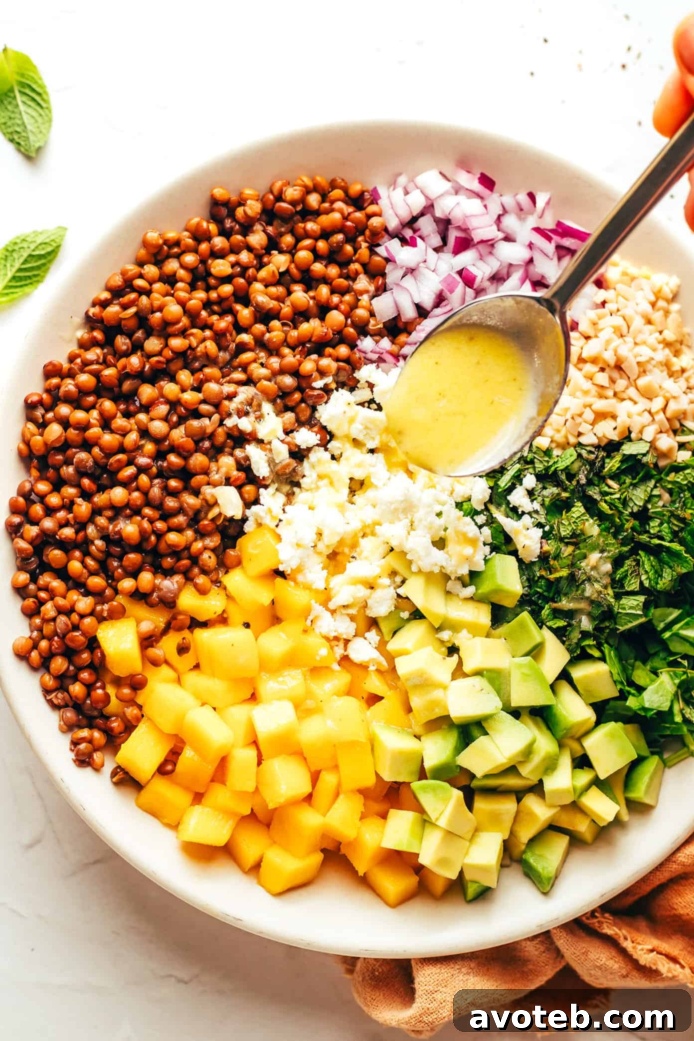 A vibrant, close-up shot of mango lentil salad with fresh ingredients.