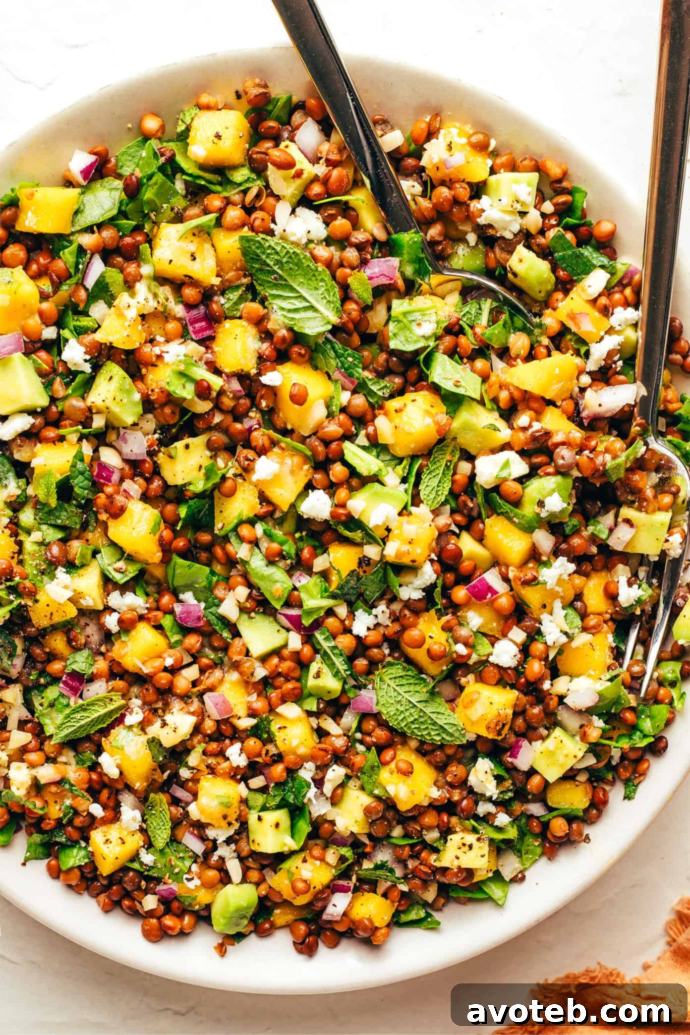A fresh batch of mango lentil salad artfully arranged on a light background, highlighting its deliciousness.