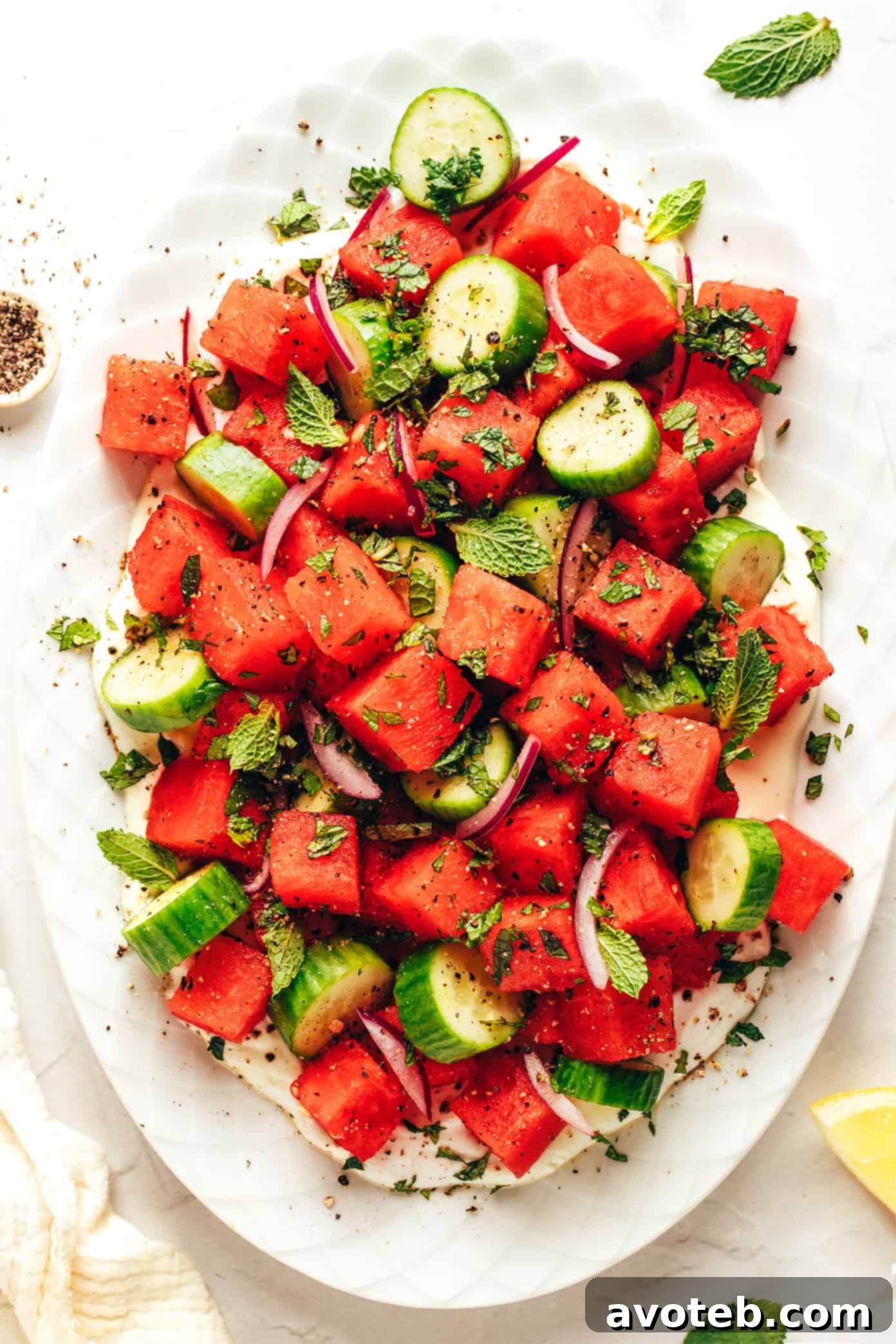Whipped Feta & Watermelon Summer Bliss 5 Plated Watermelon Feta Salad with Whipped Feta base