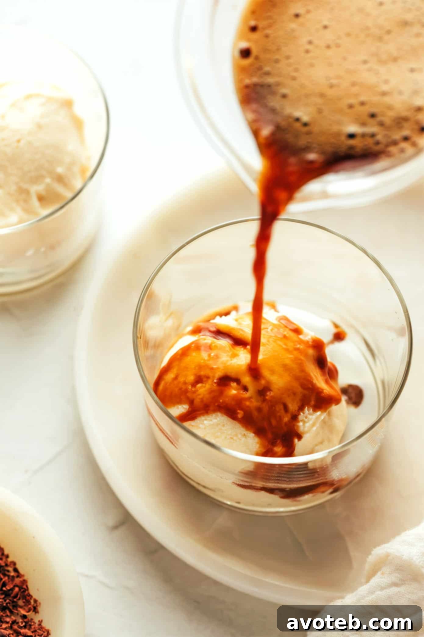 Close-up of Affogato with espresso being poured over ice cream