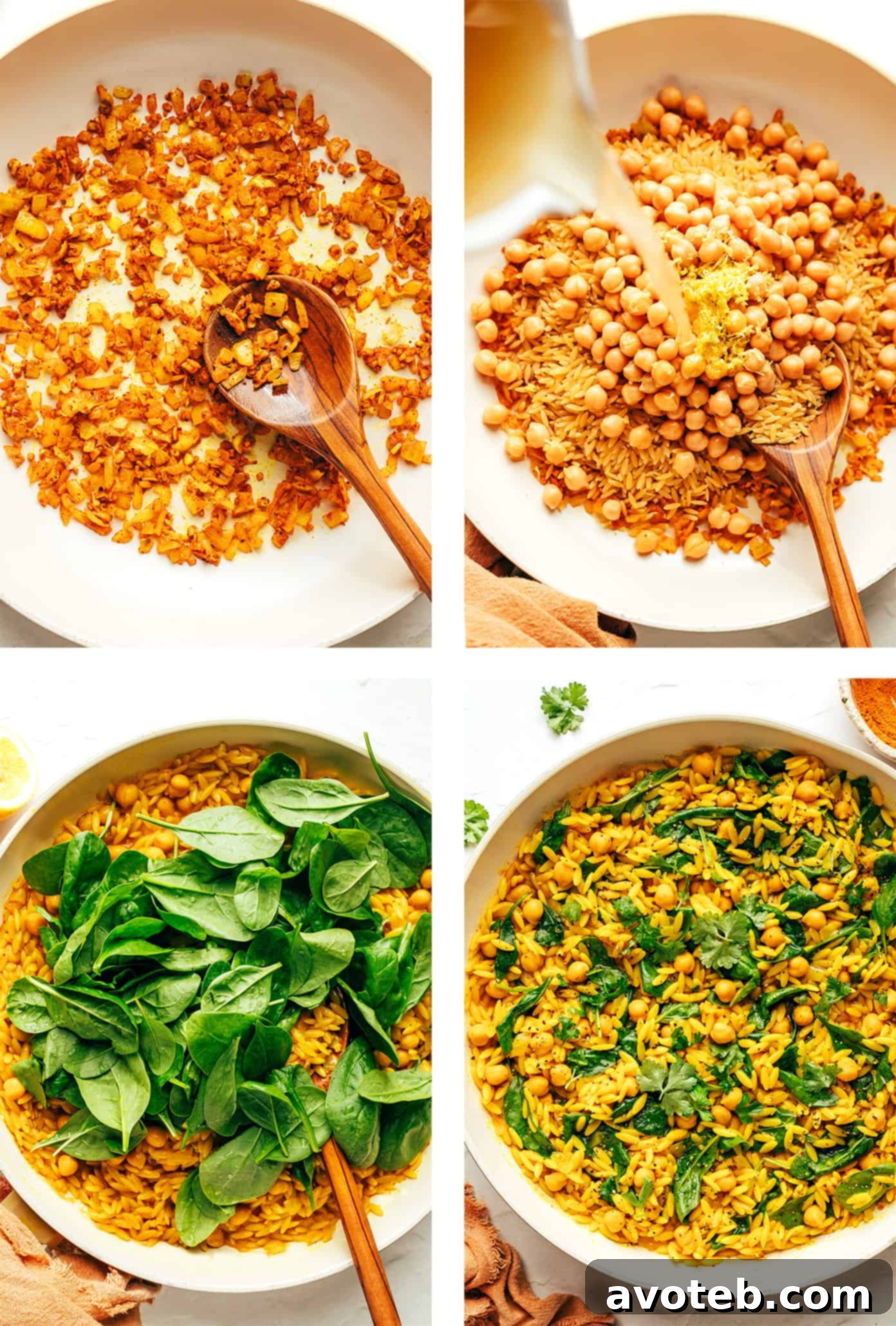 A bowl of Lemony Spiced Orzo and Chickpeas served with a lemon wedge and fresh herbs.