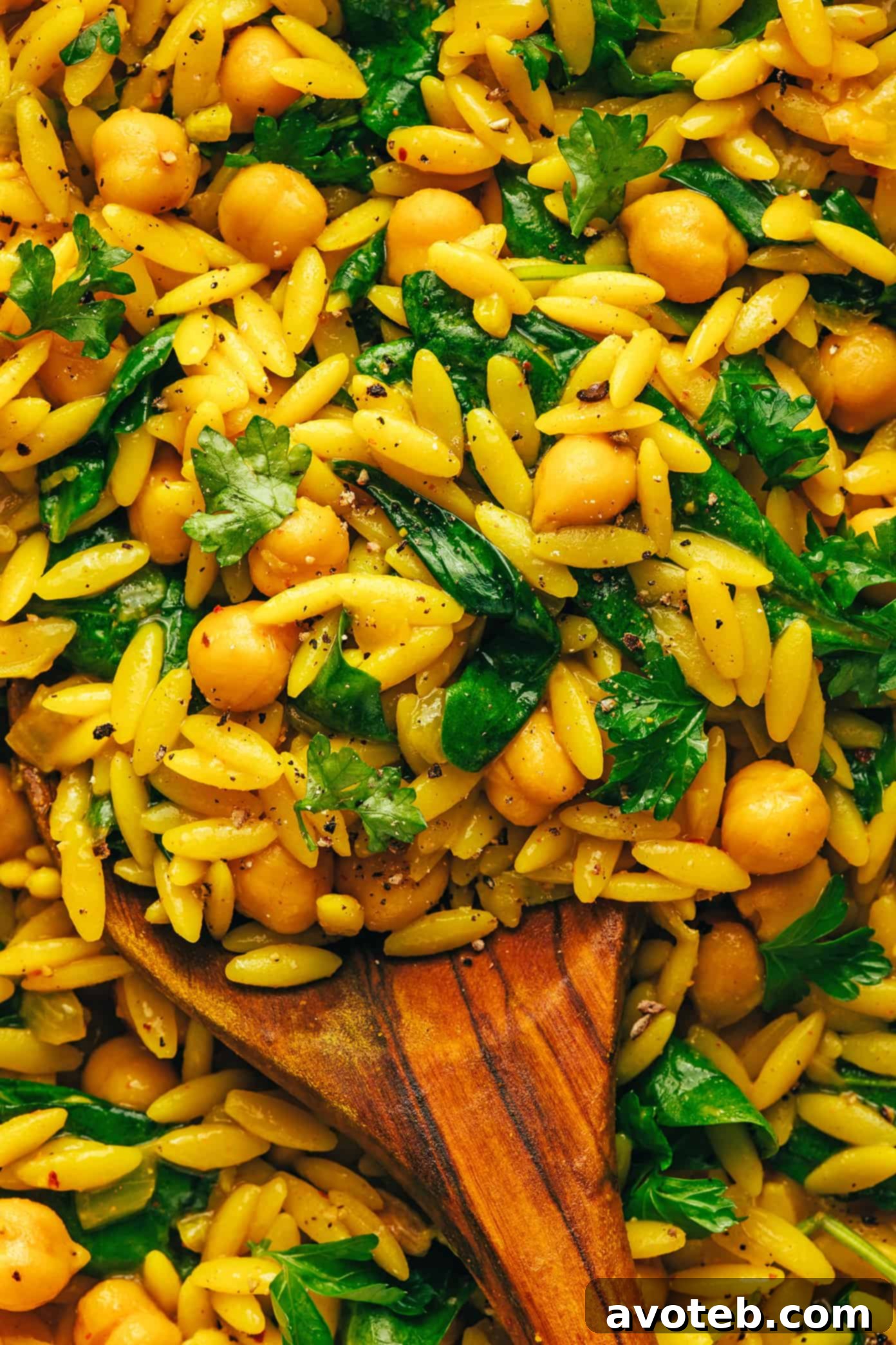 A close-up shot of the textures and colors of Lemony Spiced Orzo and Chickpeas.