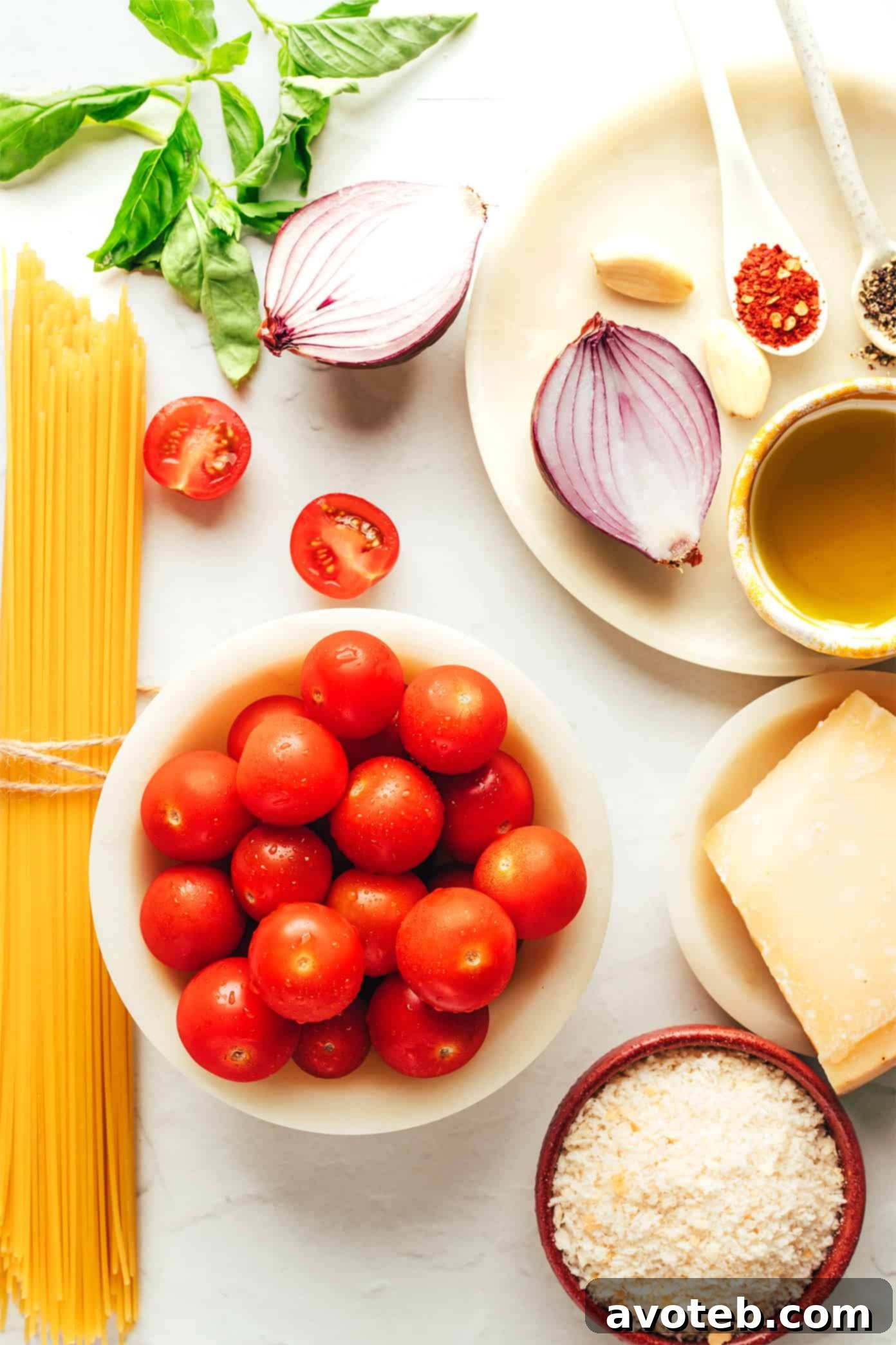 A close-up shot of Bruschetta Pasta in a bowl, highlighting the fresh ingredients and inviting texture.
