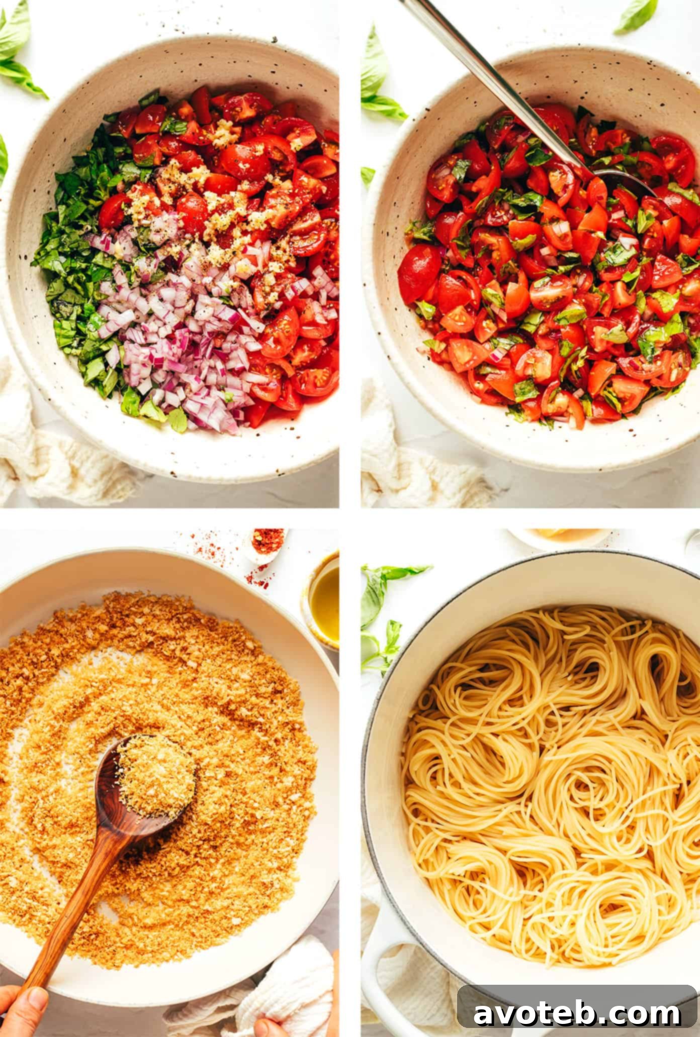 Ingredients for Bruschetta Pasta laid out on a kitchen counter, showing fresh tomatoes, basil, pasta, and breadcrumbs.
