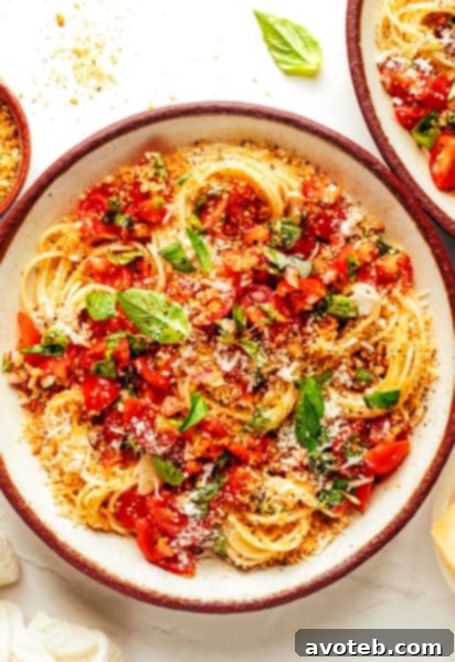 A vibrant bowl of Bruschetta Pasta, ready to serve.