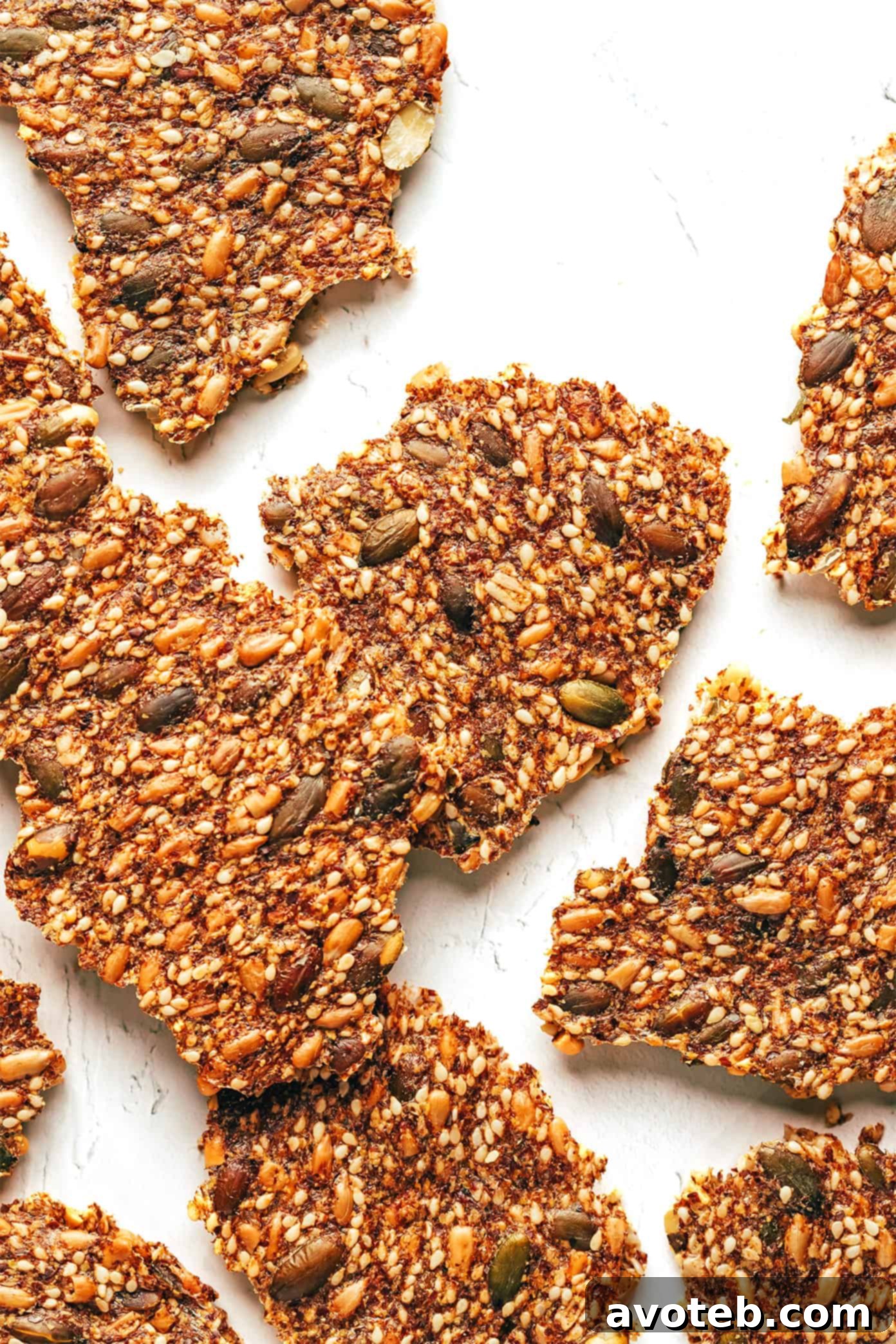 A hand breaking apart freshly baked seed crackers into smaller pieces